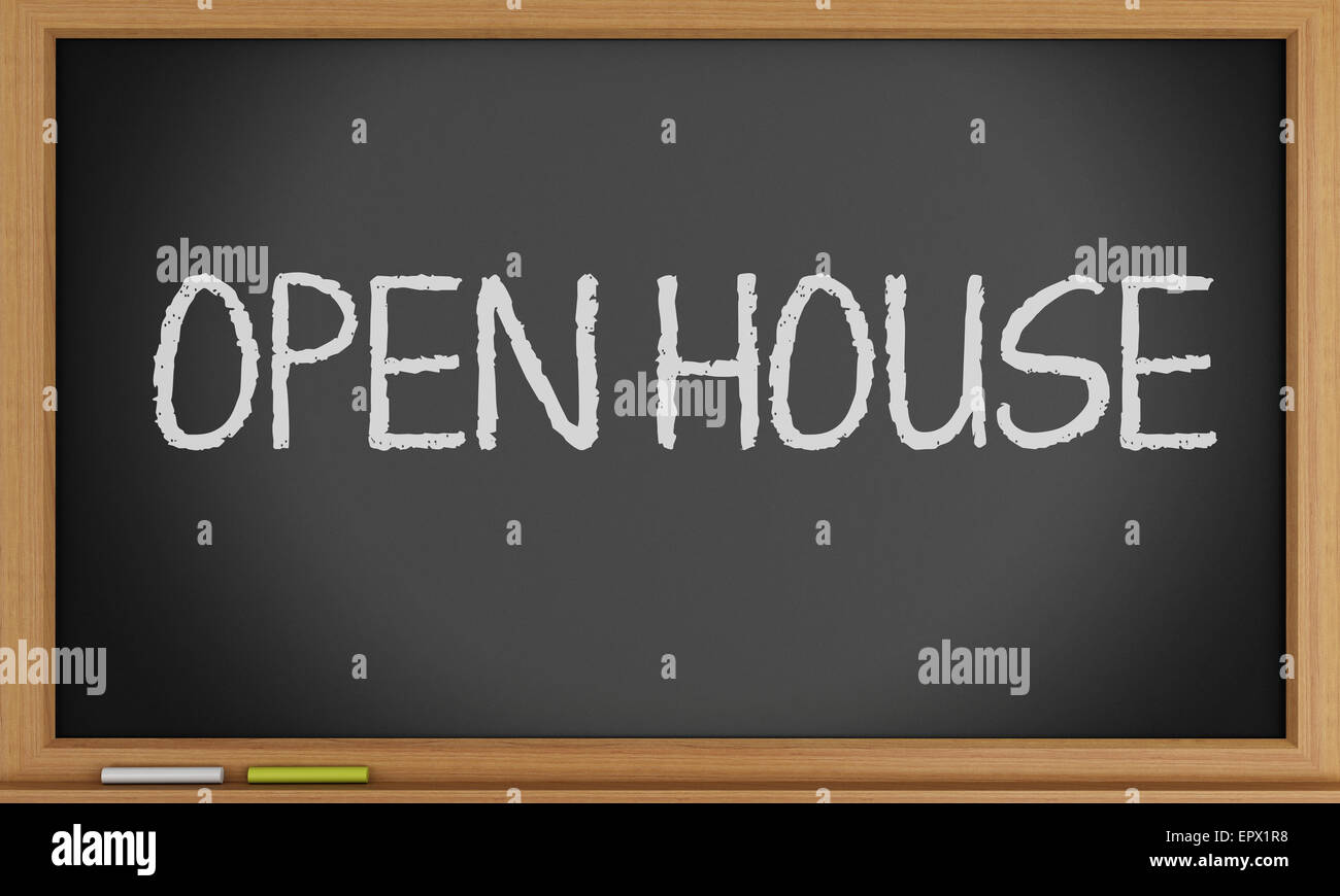 3d illustration. Open house written on blackboard background Stock ...