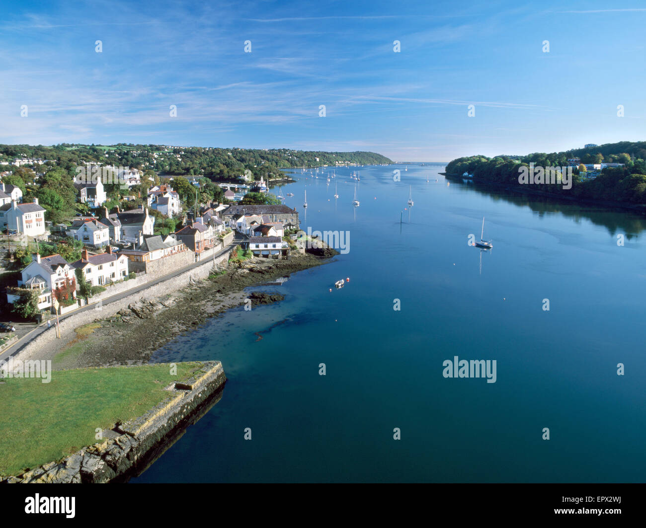 The Menai Strait, and Menai Bridge village looking north east from the Menai Suspension Bridge