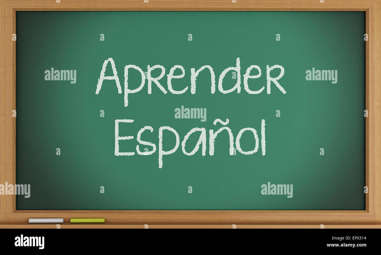 3d illustration. Learn Spanish written on blackboard. Education concept