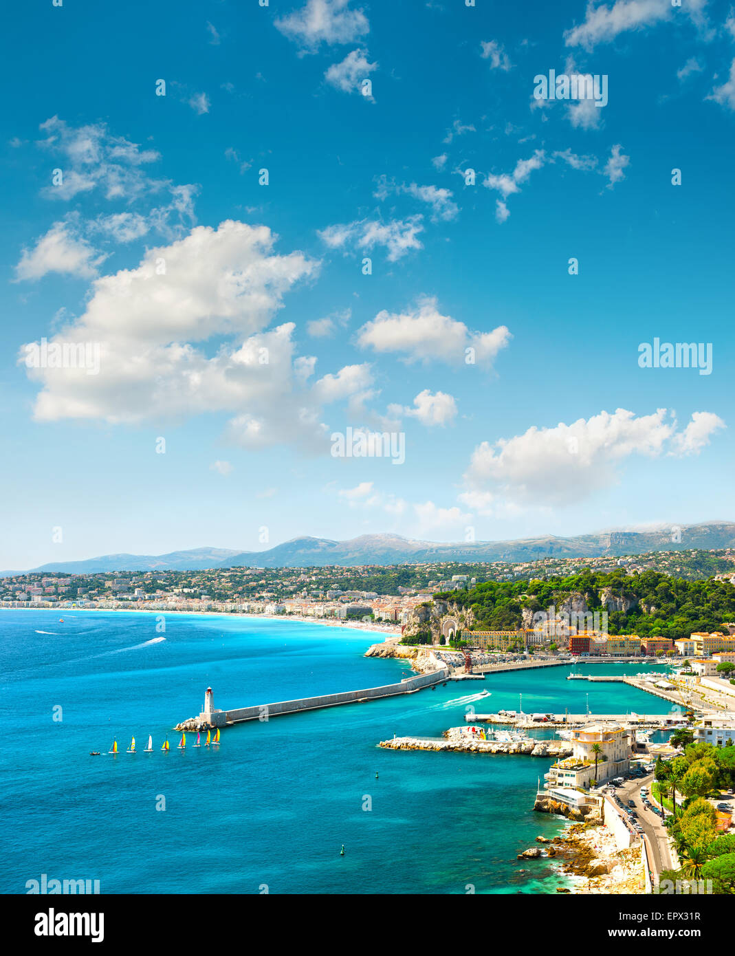 View of mediterranean resort, Nice city, France. Azure sea and perfect sunny blue sky Stock Photo