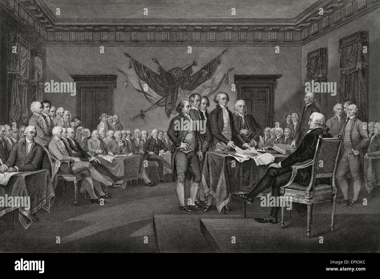 Antique c1850 steel engraving, Declaration of Independence July 4, 1776, after John Trumbull's famous painting. Depicts the drafting committee presenting its work to the Congress. Stock Photo