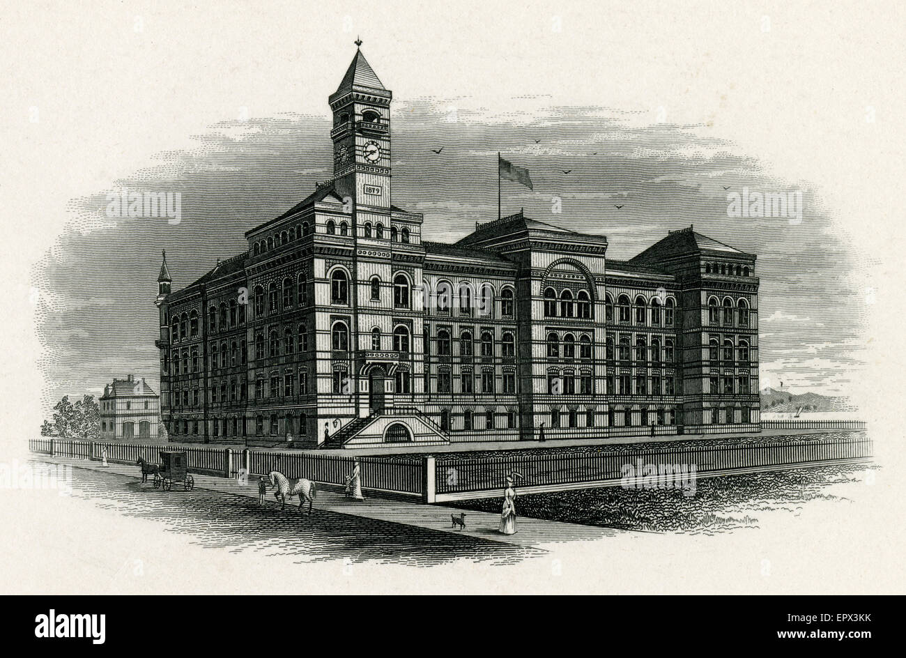 Antique c1880 steel engraving of The Bureau of Engraving and Printing in Washington, D.C. It opened in 1880 and was designed by James G. Hill. The BEP is a government agency within the United States Department of the Treasury that designs and produces a variety of security products for the United States government, most notable of which is Federal Reserve Notes (paper money) for the Federal Reserve. Stock Photo