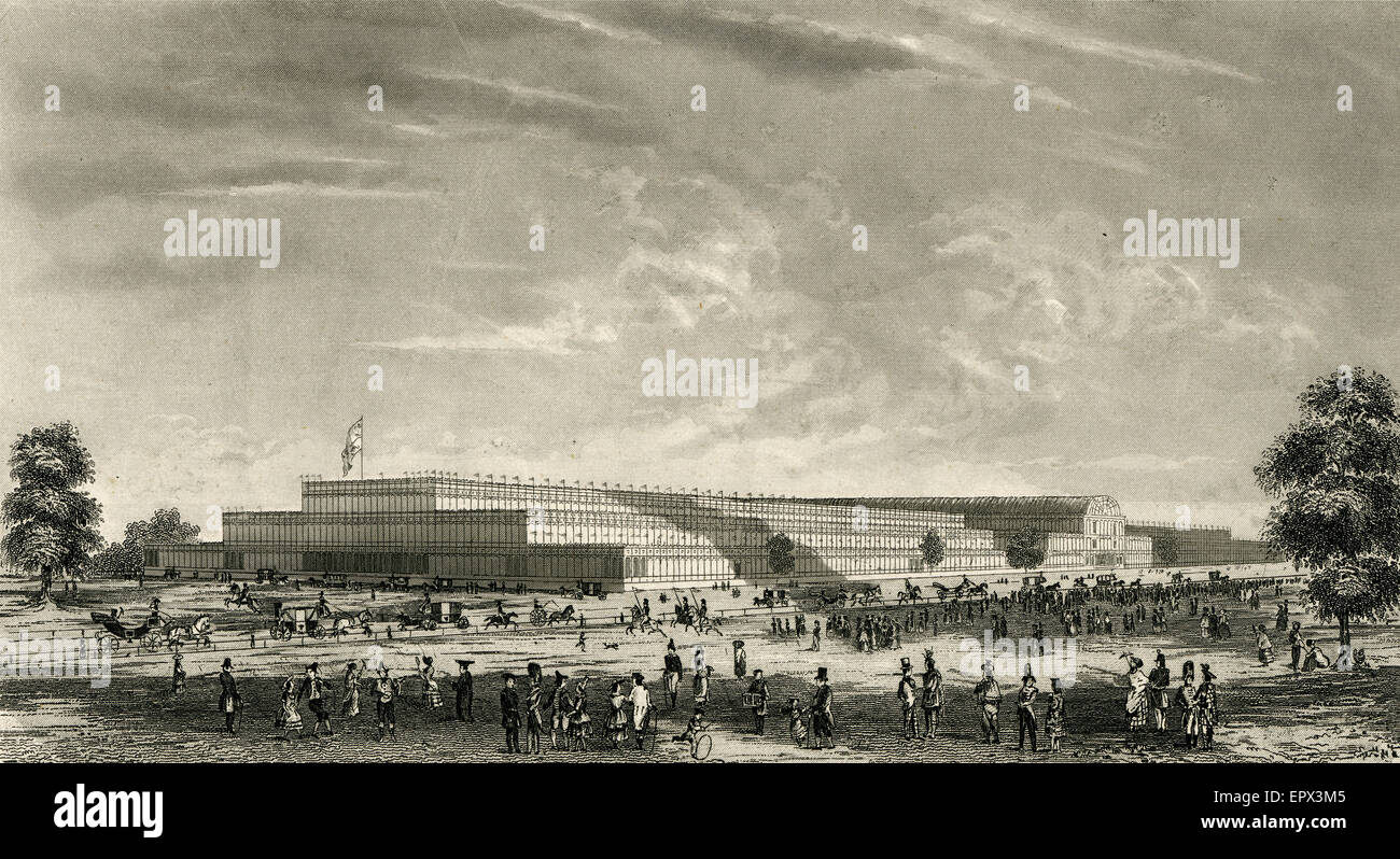 Antique c1851 steel engraving of The Crystal Palace for the Grand International Exhibition of 1851 in Hyde Park, London. The Crystal Palace was a cast-iron and plate-glass building originally erected in Hyde Park, London, England, to house the Great Exhibition of 1851. More than 14,000 exhibitors from around the world gathered in the Palace's 990,000 square feet (92,000 m2) of exhibition space to display examples of the latest technology developed in the Industrial Revolution. Stock Photo