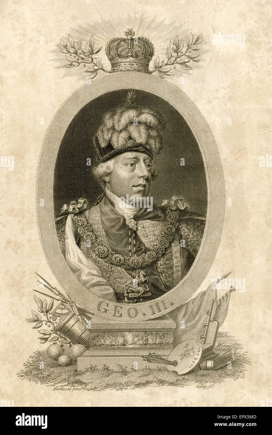 Antique 1817 steel engraving of King George III of the United Kingdom. George III (George William Frederick; 1738 Ð 1820) was King of Great Britain and Ireland from 25 October 1760 until the union of the two countries on 1 January 1801, after which he was King of the United Kingdom of Great Britain and Ireland until his death. Stock Photo