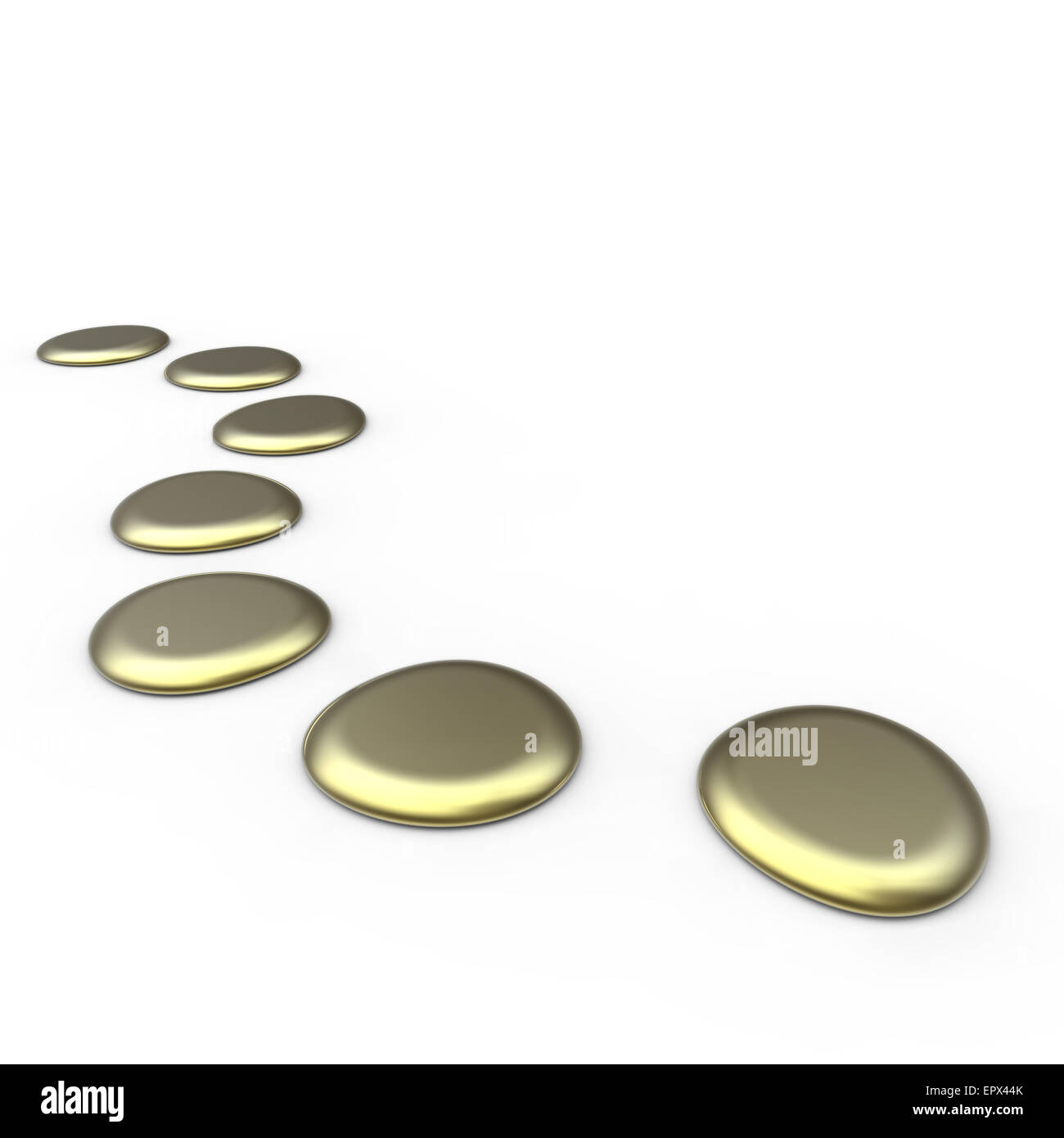 Winding path with gold colored stepping stones on a white background Stock Photo