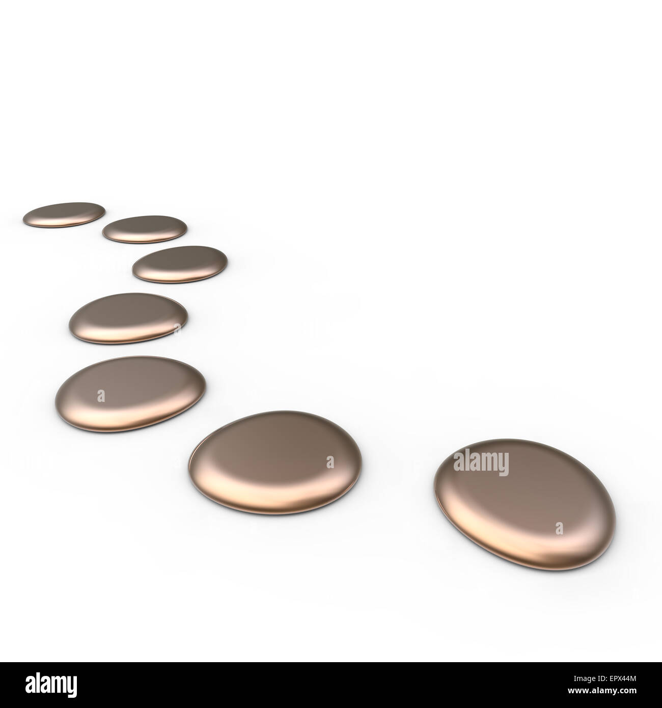 Winding path with copper colored stepping stones on a white background Stock Photo