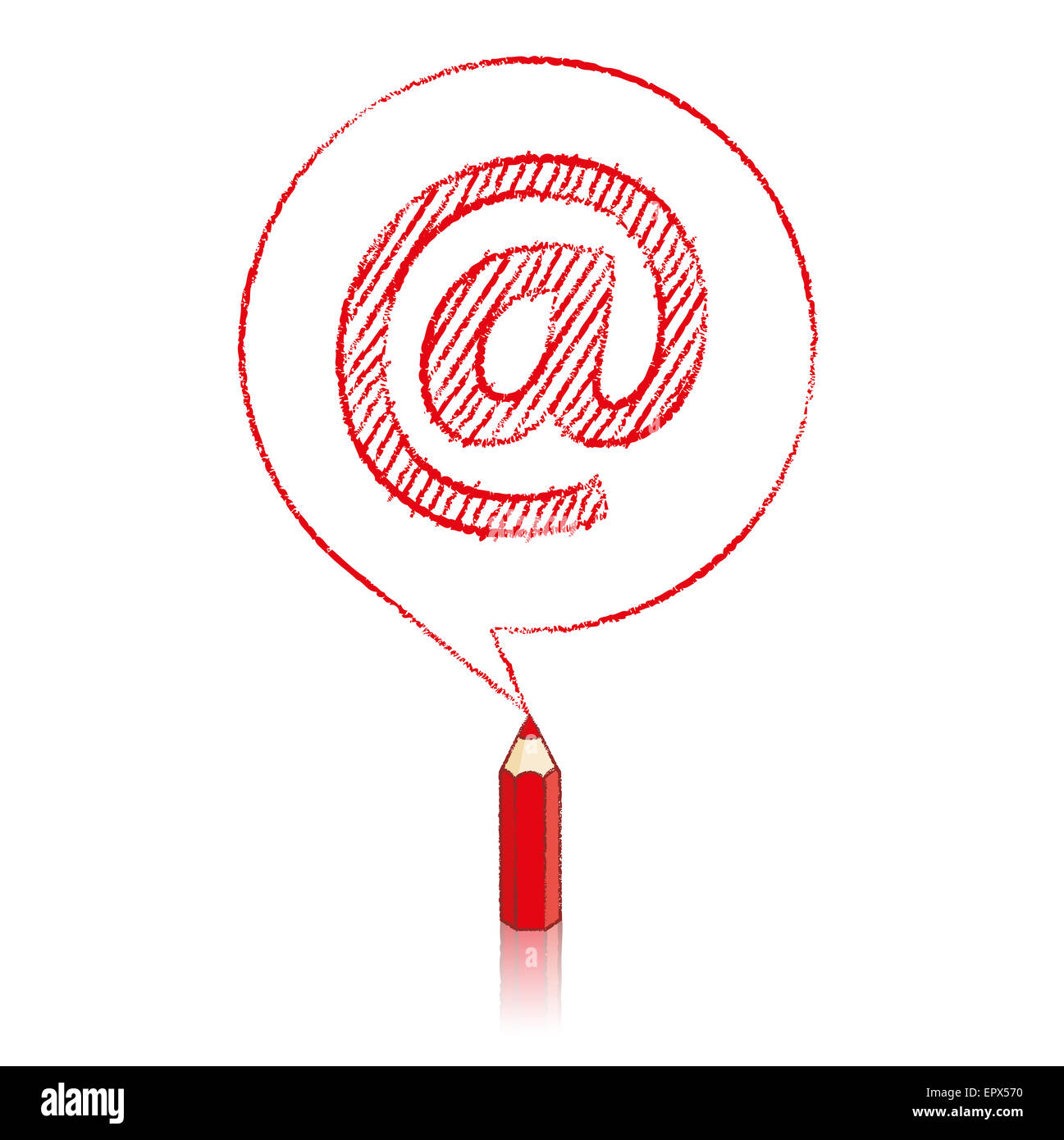 Red Pencil with Reflection Drawing a shaded At sign in Round Speech Bubble on White Background Stock Photo