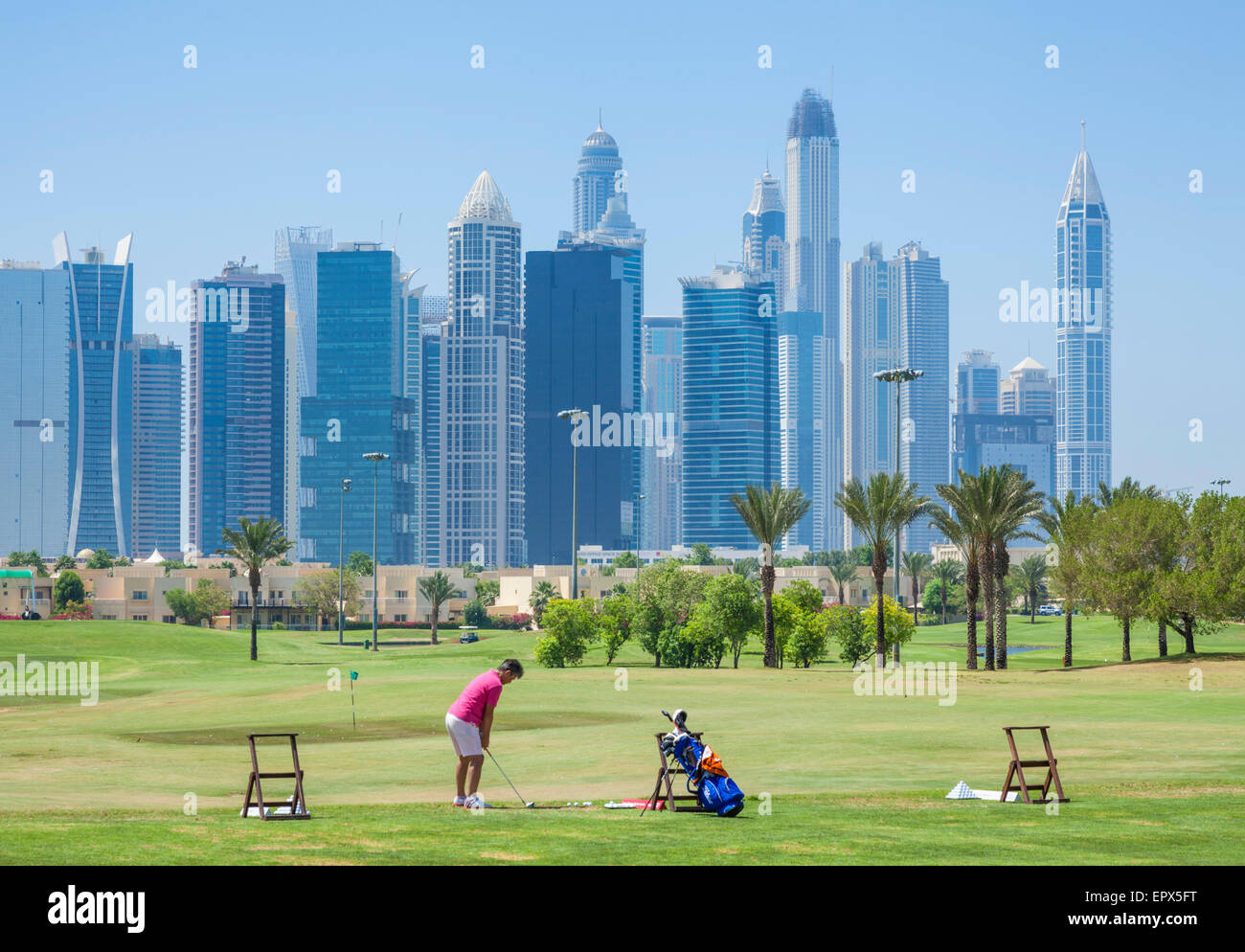 Dubai Marina skyline from Emirates Golf club, Dubai City, United Arab