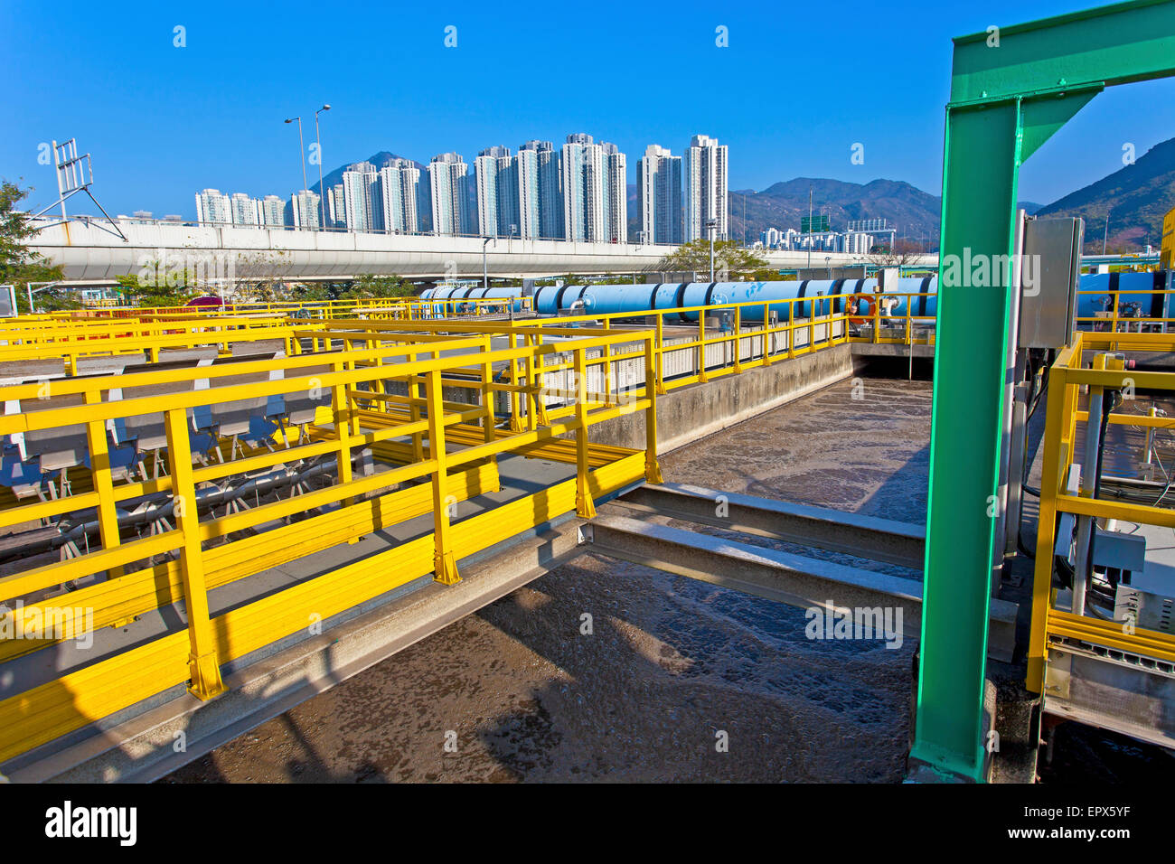 Water treatment tank with waste water with aeration process Stock Photo