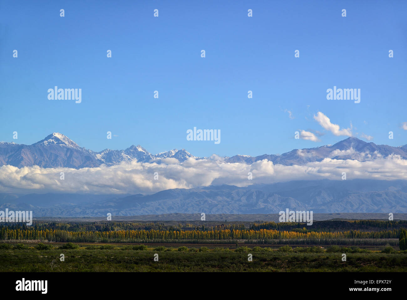 Argentina, Mendoza, View of Andes Mountains across Uco Valley Stock Photo