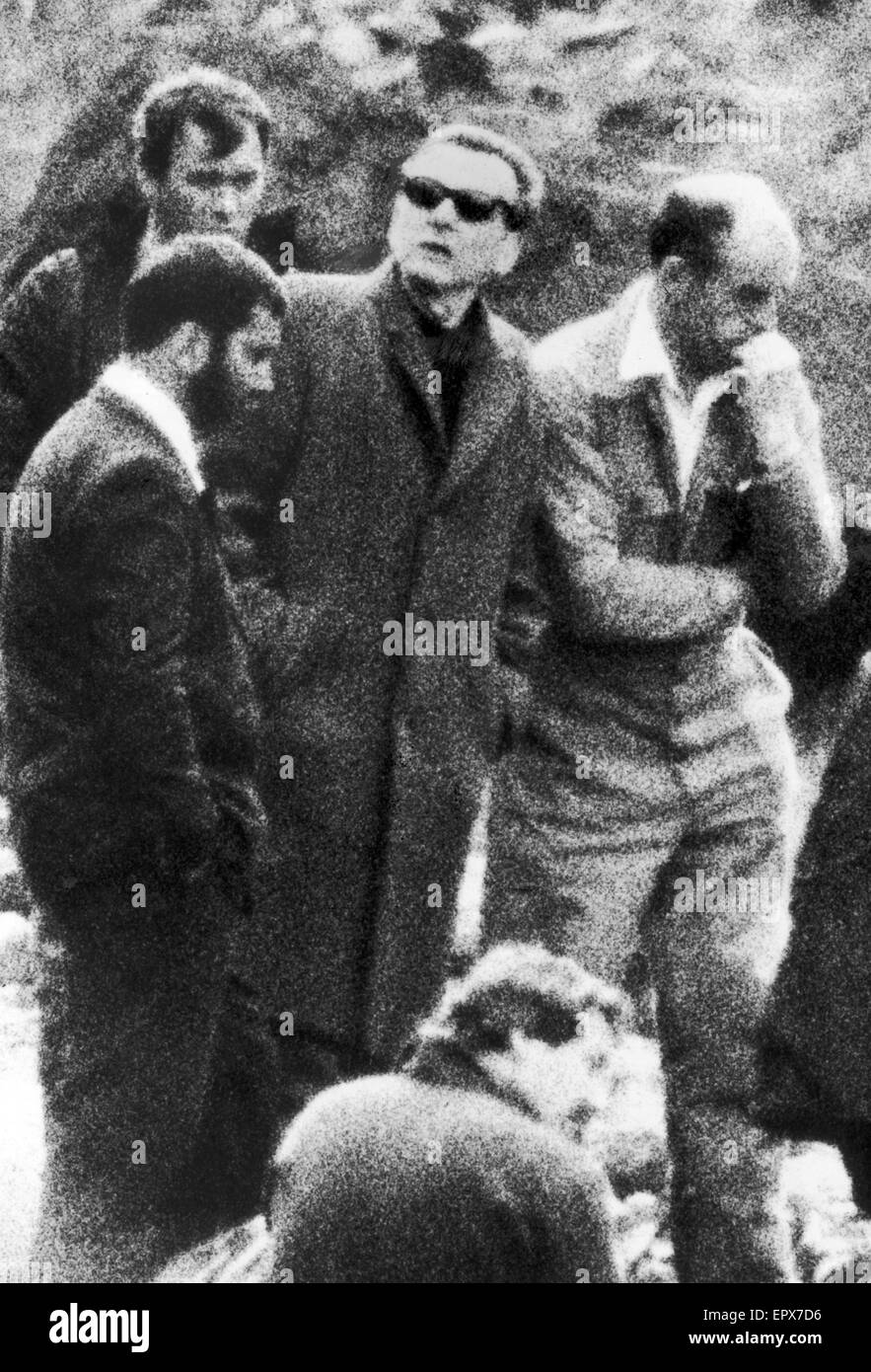 Ian Brady, child killer on Saddleworth Moor, where he attempted to pinpointed the peat bog graves of newly confessed victims Keith Bennett and Pauline Reade, 4th July 1987.  Also pictured, Detective Chief Superintendent Peter Topping of Greater Manchester Stock Photo