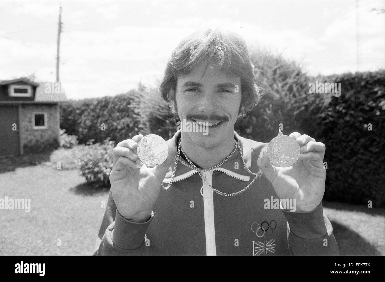 David Wilkie, Olympic Champion, 200 metre breaststroke,  Montreal Olympics, Canada, July 1976. Pictured in Montreal with Gold medal and Silver medal he later won in 100 metre breaststroke. Stock Photo