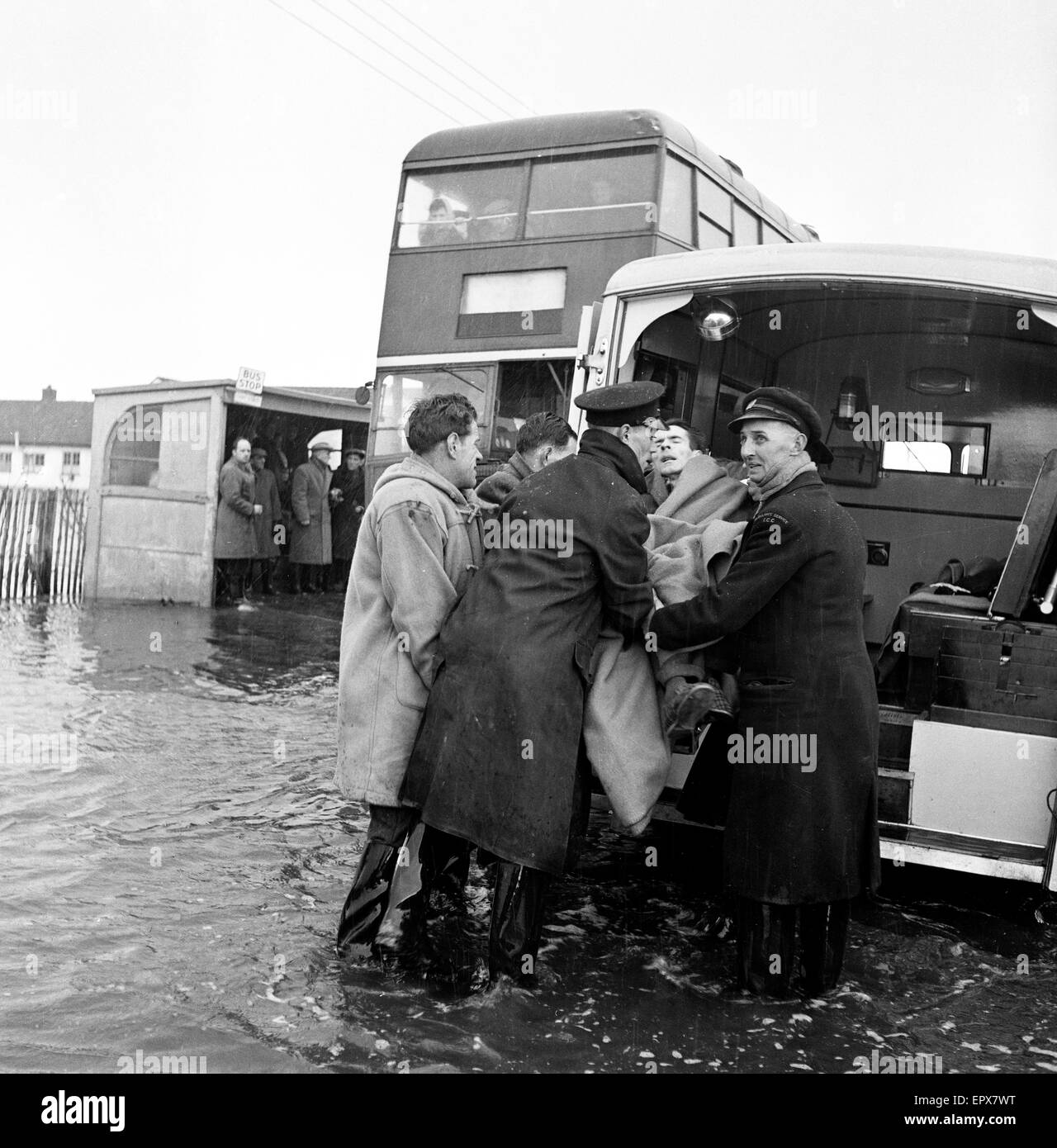 Floods at Jaywick, Essex. A man rescued from Canvey Island. February 1953. Stock Photo