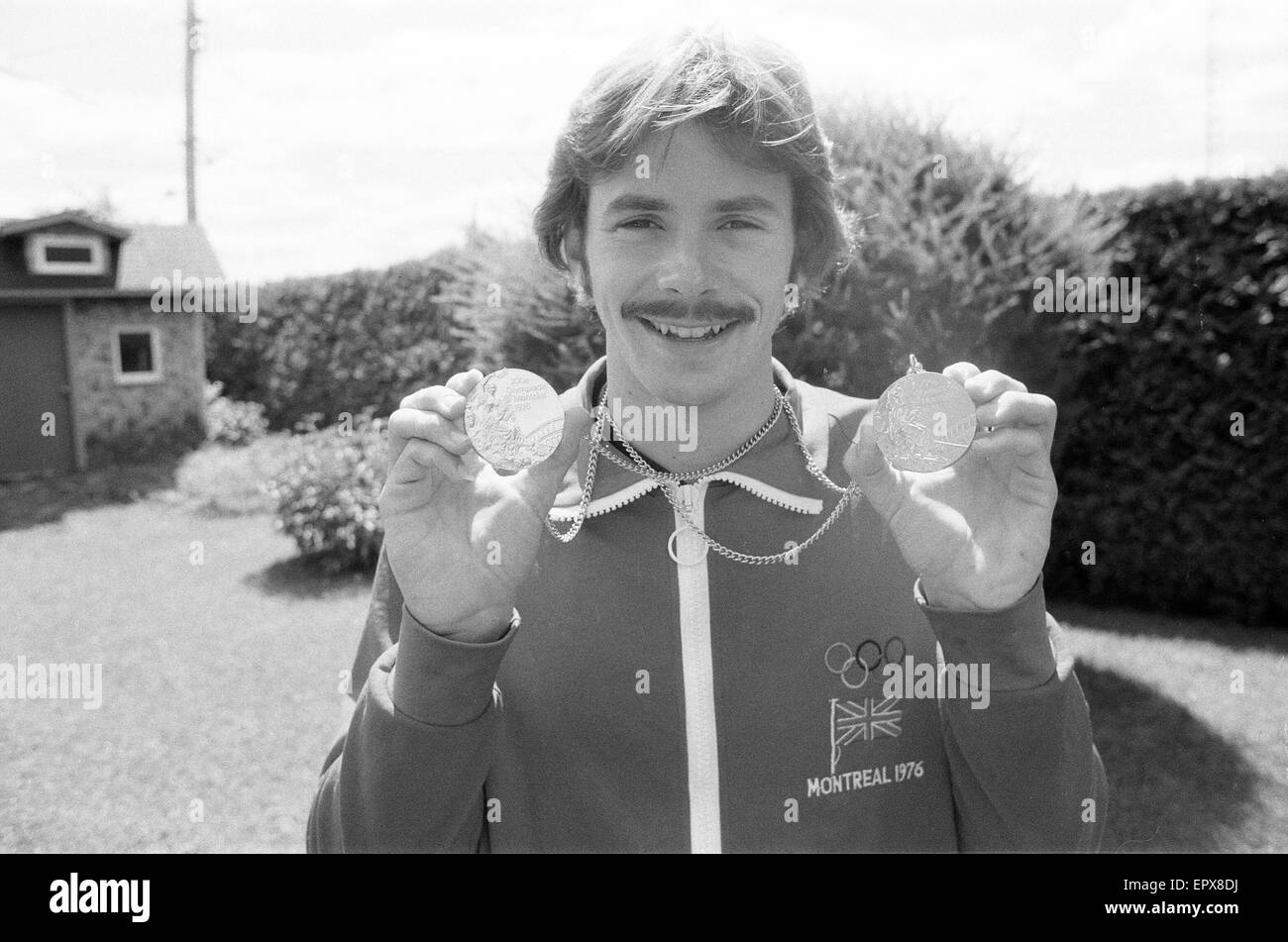 David Wilkie, Olympic Champion, 200 metre breaststroke,  Montreal Olympics, Canada, July 1976. Pictured in Montreal with Gold medal and Silver medal he later won in 100 metre breaststroke. Stock Photo