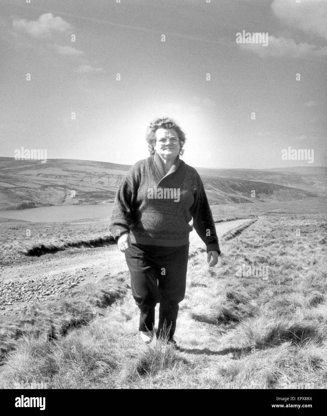 Mrs Winifred Johnson, mother of missing boy Keith Bennett, pictured on Saddleworth Moor, 13th April 1988.   The Moors murders were carried out by Ian Brady and Myra Hindley between July 1963 and October 1965, in and around what is now Greater Manchester, Stock Photo