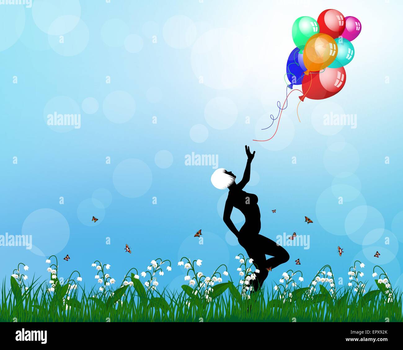 Lady playing with balloons. EPS 10 vector illustration with transparency and mesh. Stock Vector