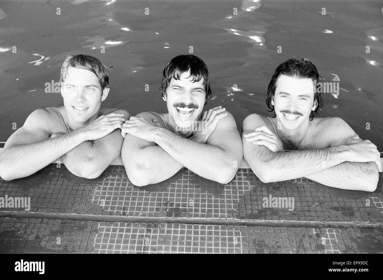 Mark Spitz (centre), USA Olympic Champion, seven x gold medals at the 1972 Munich Olympic Games, pictured with David Wilkie (right), British Olympic Champion, 200 metre breaststroke 1976 Montreal Olympics. Gary Hall (left) USA Olympic Champion, Silver 196 Stock Photo