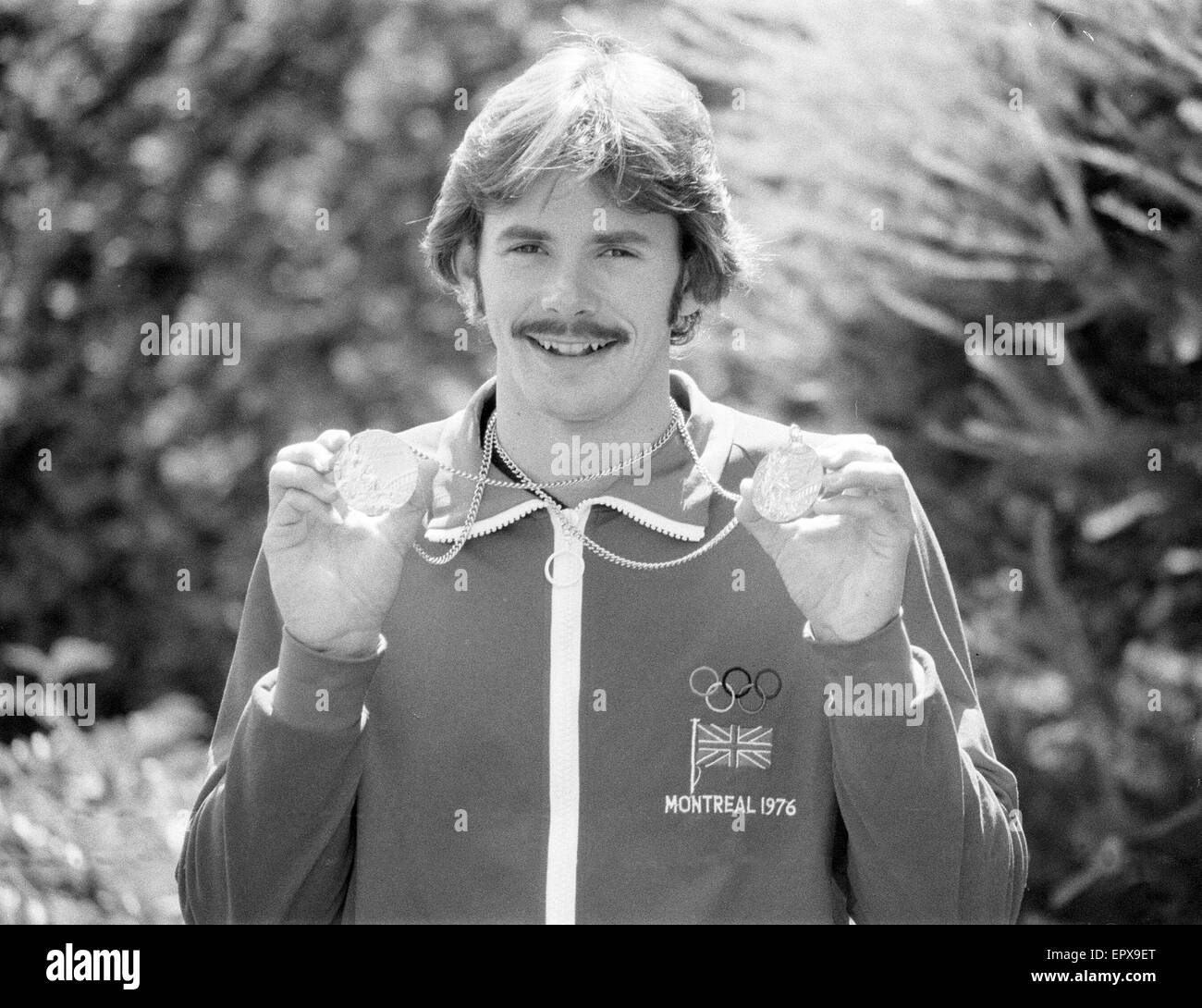 David Wilkie, Olympic Champion, 200 metre breaststroke,  Montreal Olympics, Canada, July 1976. Pictured in Montreal with Gold medal and Silver medal he later won in 100 metre breaststroke. Stock Photo