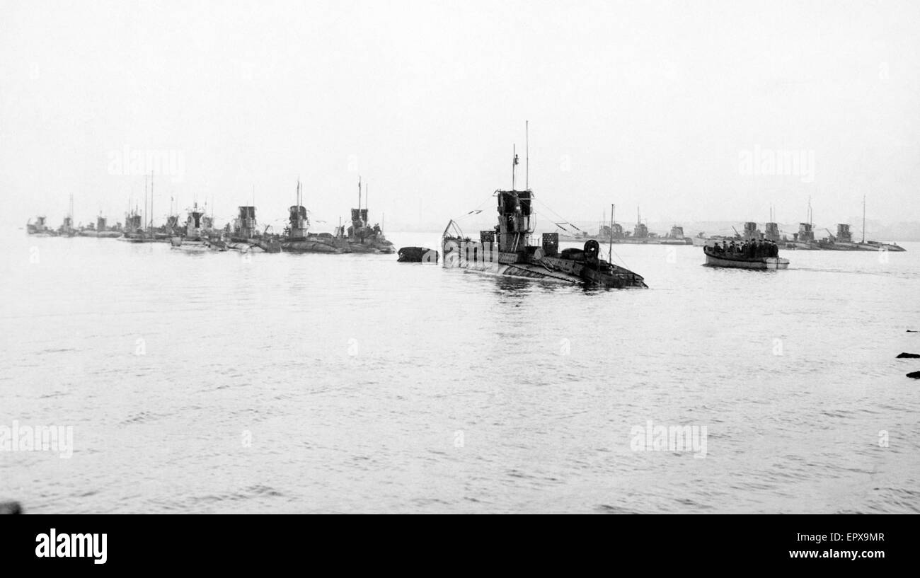 German submarines of the High Sea Fleet seen here at Harwich shortly after they surrendered. 24th November 1918 Stock Photo