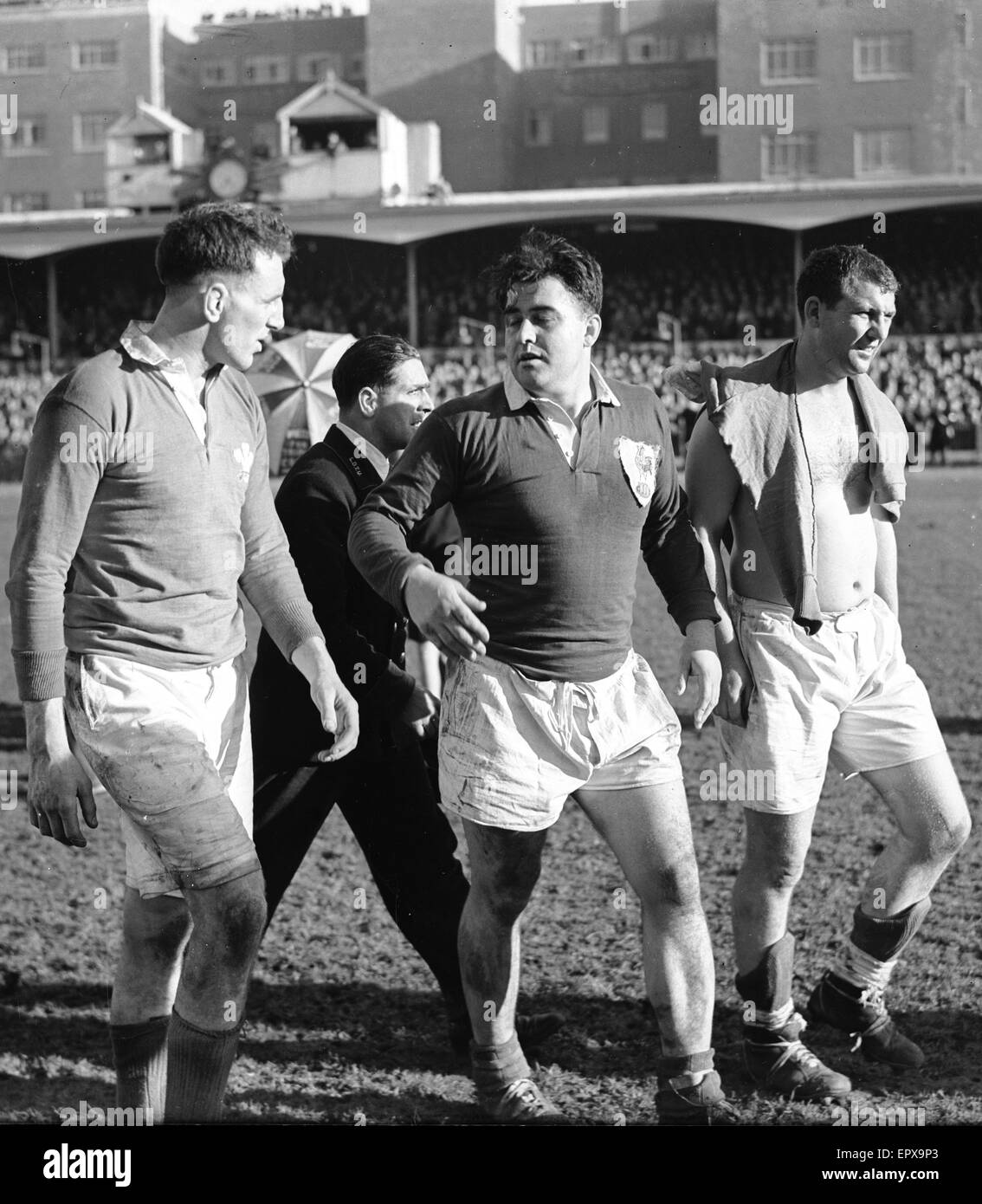 Players walk off the pitch at the end of the Wales v France five nation championship match held