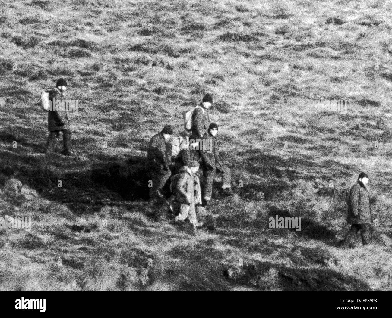 Ian Brady, child killer on Saddleworth Moor, where he attempted to pinpointed the peat bog grave of schoolboy Keith Bennett, his and Myra Hindley's fifth victim, Tuesday 8th December 1987. Stock Photo