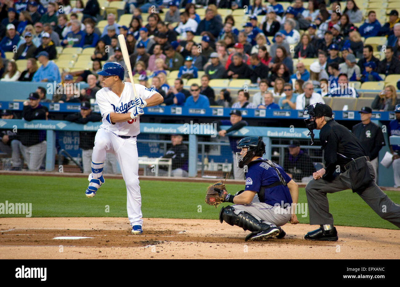 Los Angeles Dodger player Joc Pederson with leg kick in preparation of the pitch in the batters box at Dodger Stadium. Stock Photo