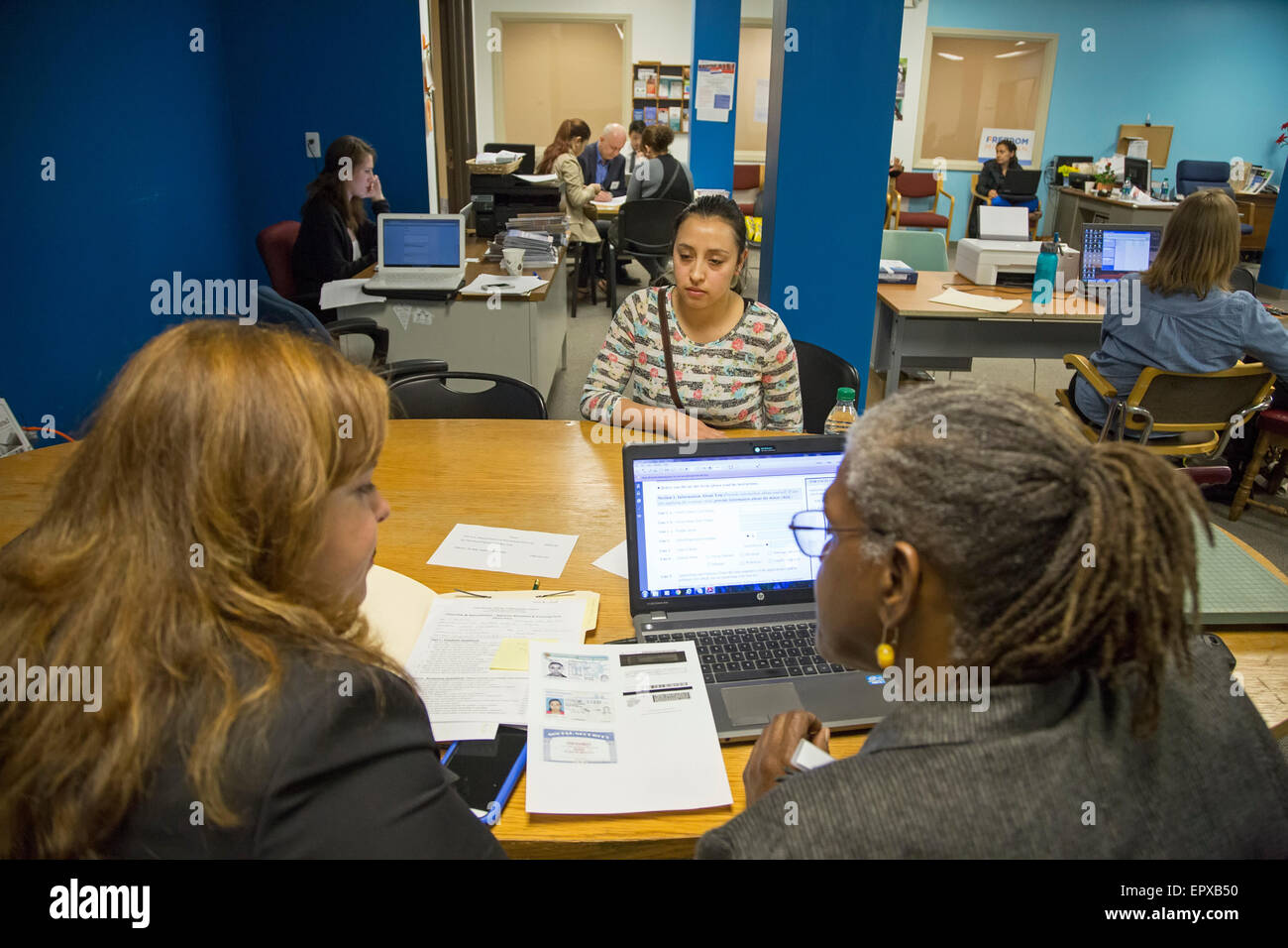 Detroit, Michigan - Counselors help immigrants with their applications for U.S. citizenship. Stock Photo