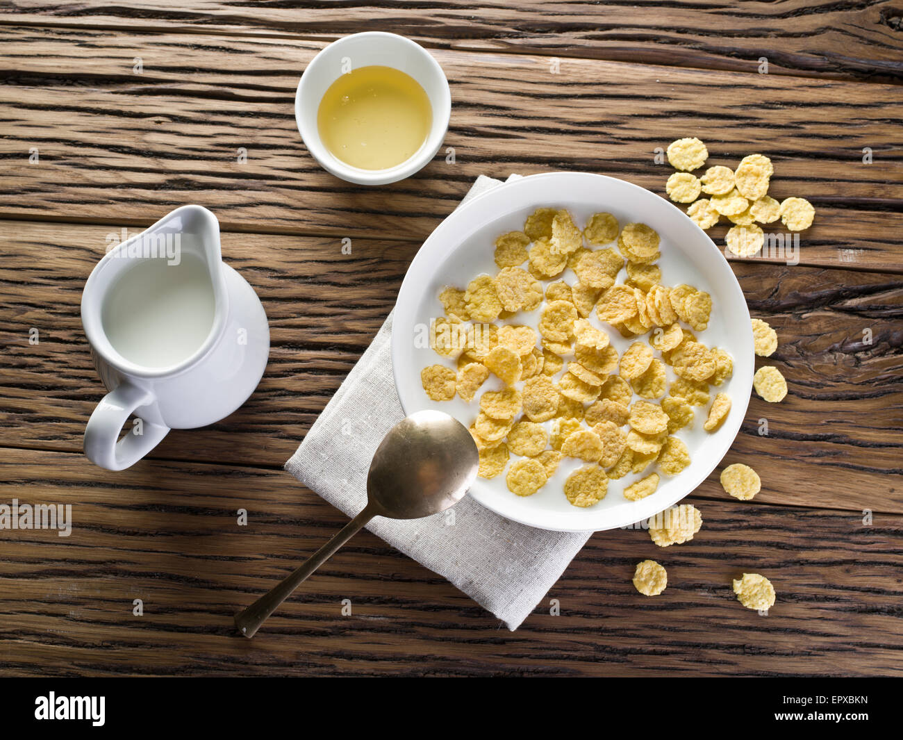 Cornflakes cereal and milk. Morning breakfast. Stock Photo