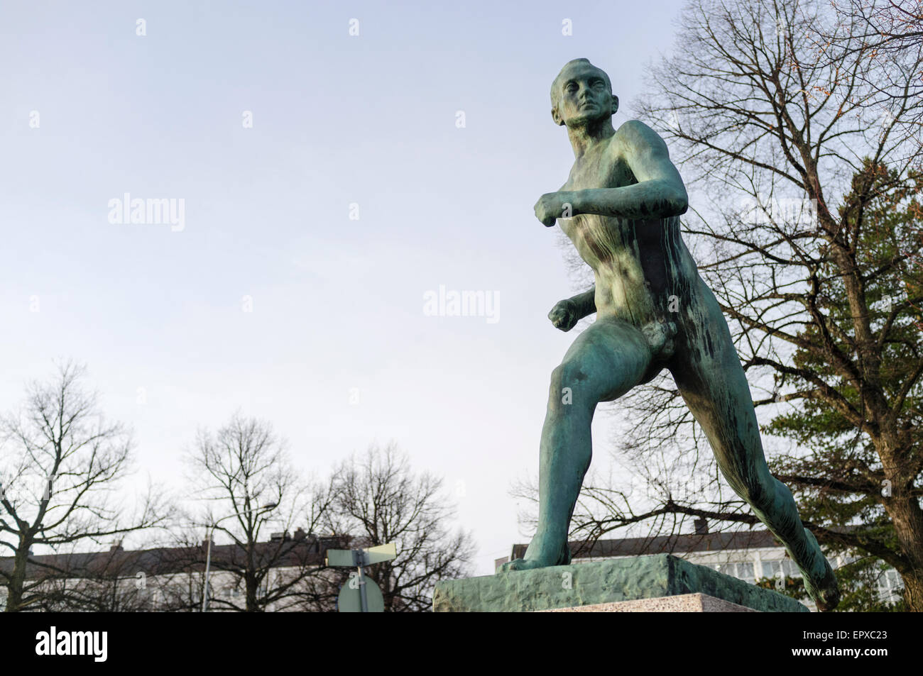 Helsinki, Finland. Statue of legendary Finn runner Paavo Nurmi at the entrance of the Olympic
