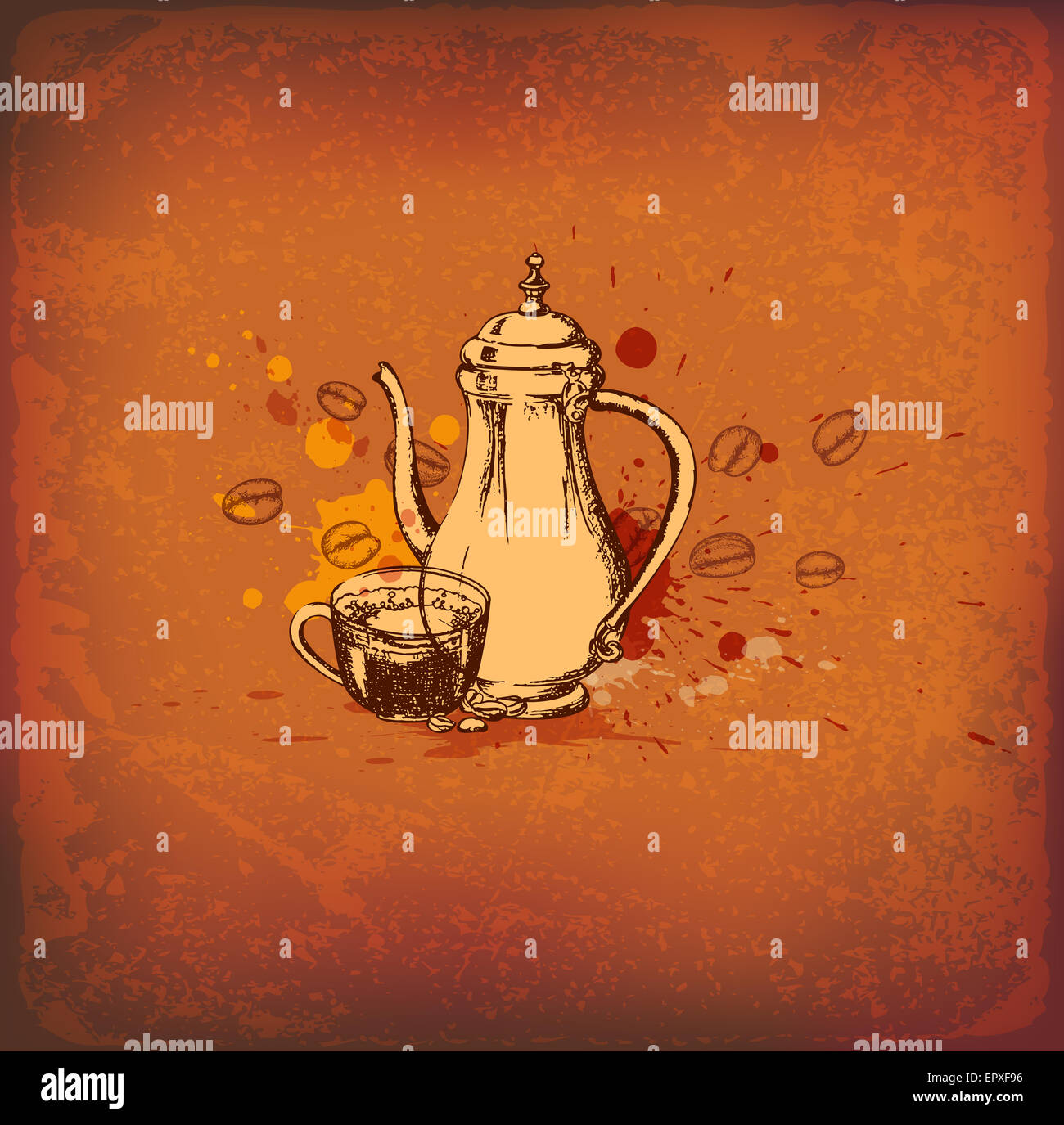 Vintage background with coffee pot and cup Stock Photo - Alamy