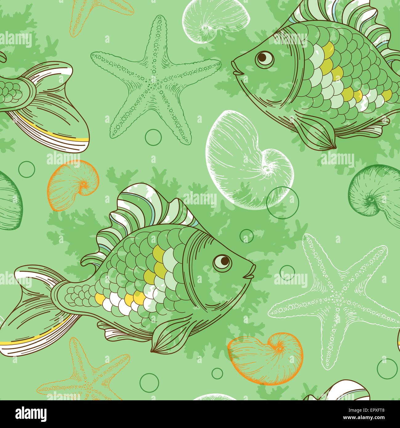 Marine seamless pattern with tropical fishes and shells Stock Photo - Alamy