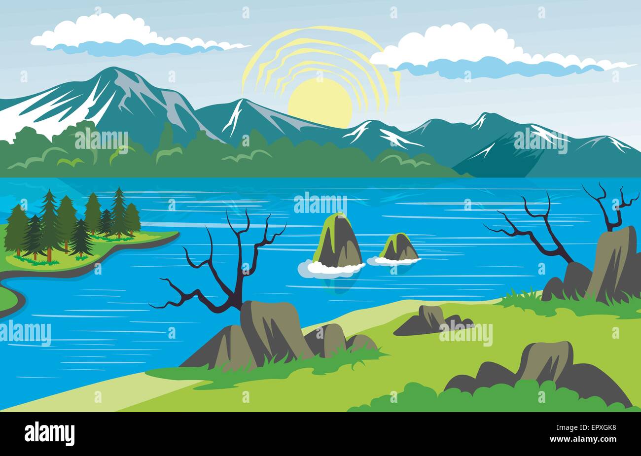 Beauty landscape with lake and mountain background Stock Vector Image ...