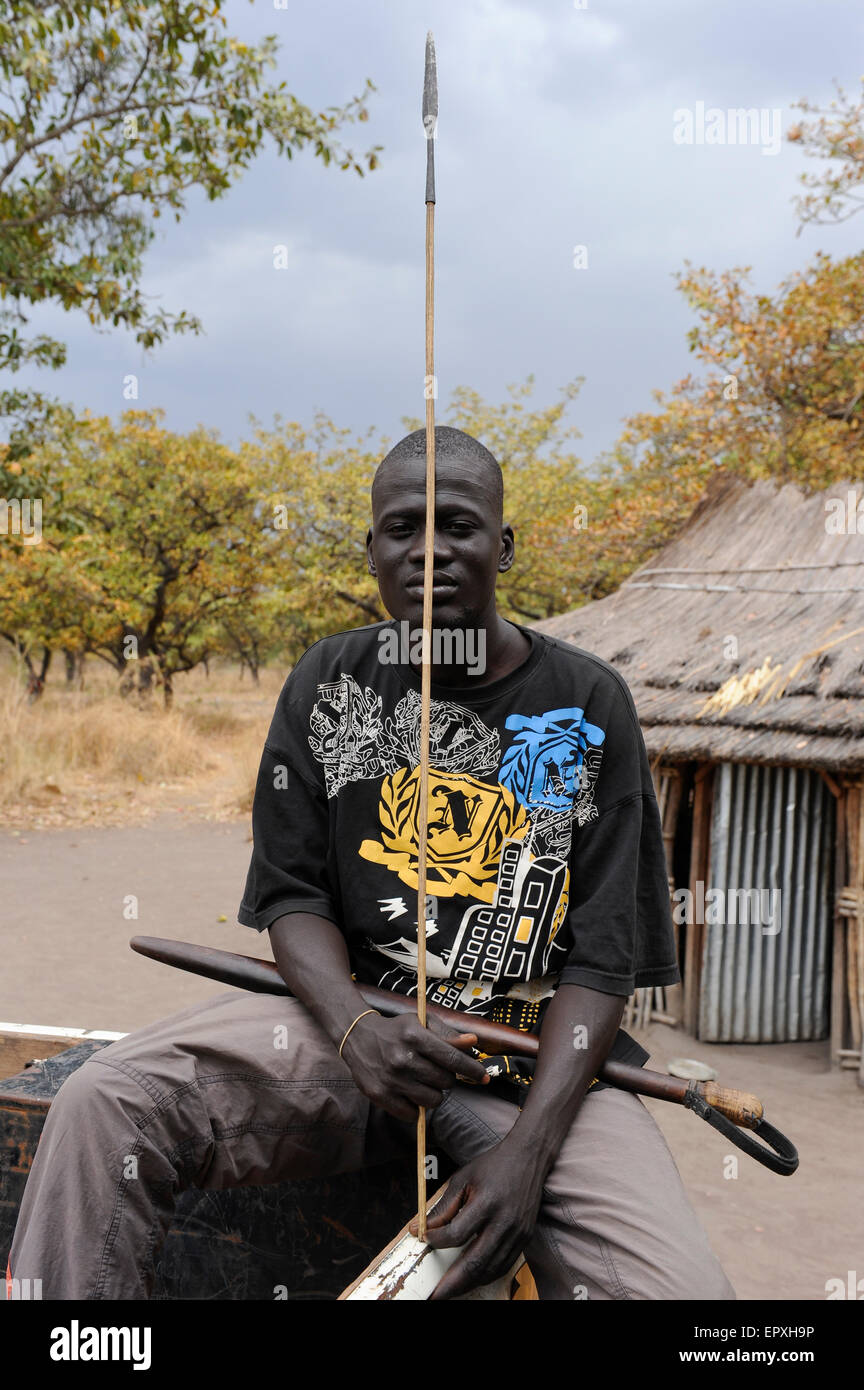 SOUTH-SUDAN Rumbek , village, Colocok, Dinka warrior with spear / SUED SUDAN, Rumbek,  Dinka Dorf Colocok, Dinka Krieger mit Speer Stock Photo