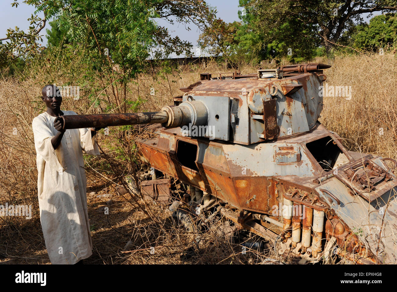 South Sudan, Lakes state, Rumbek, wreck of six-wheeled armoured car FV601 Saladin, manufactured by Alvis factory in Coventry, UK, the tank was captured by south-sudanese liberation army SLPA from the Sudanese Armed Forces SAF during Second Sudanese Civil War from 1983 to 2005 Stock Photo