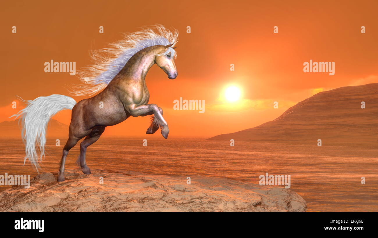Clear brown horse rearing by orange sunset - 3D render Stock Photo
