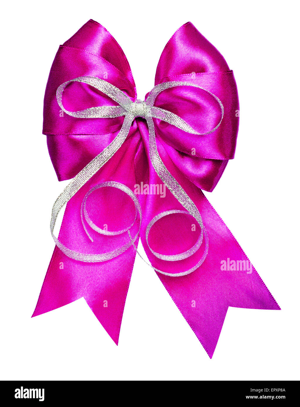 pink bow with silver ribbon made from silk isolated Stock Photo