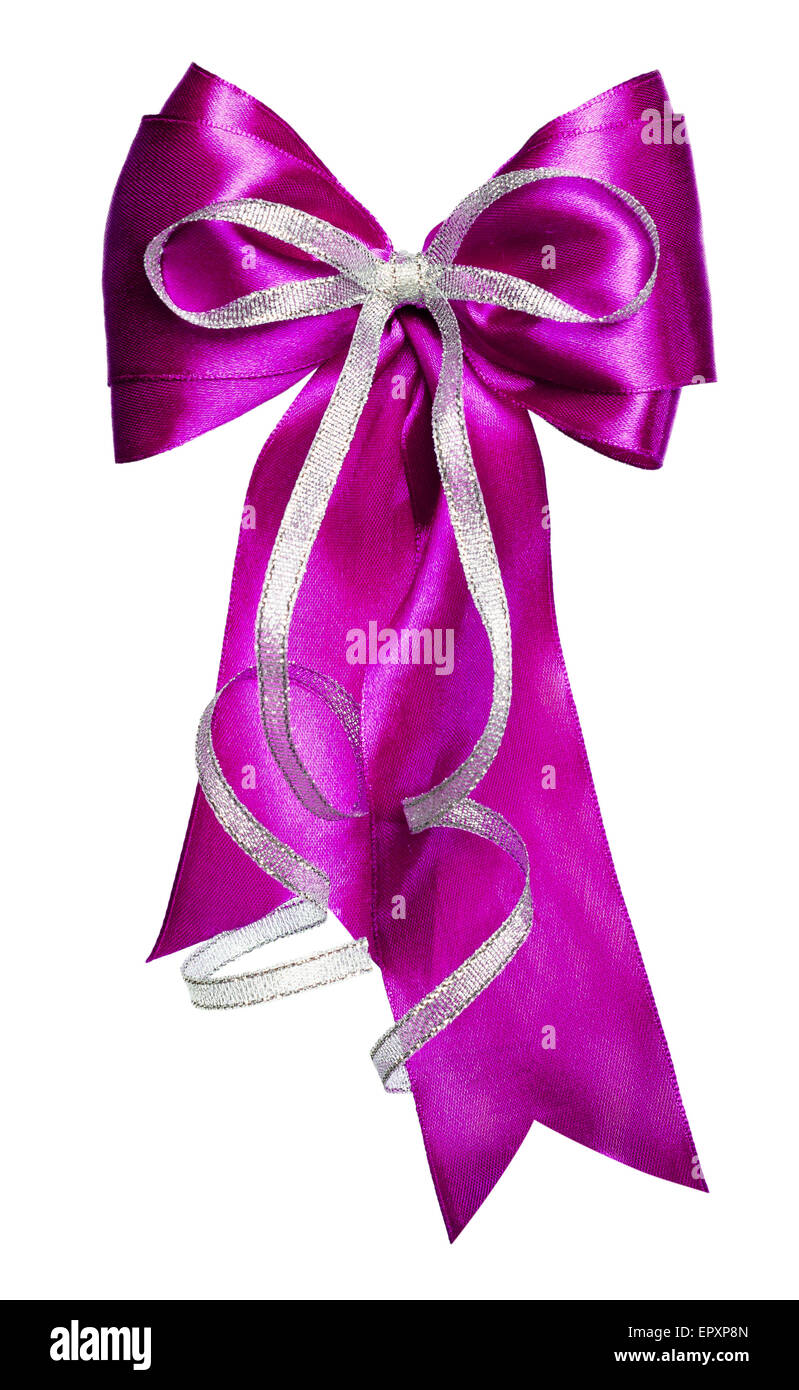 purple bow with silver ribbon made from silk isolated Stock Photo