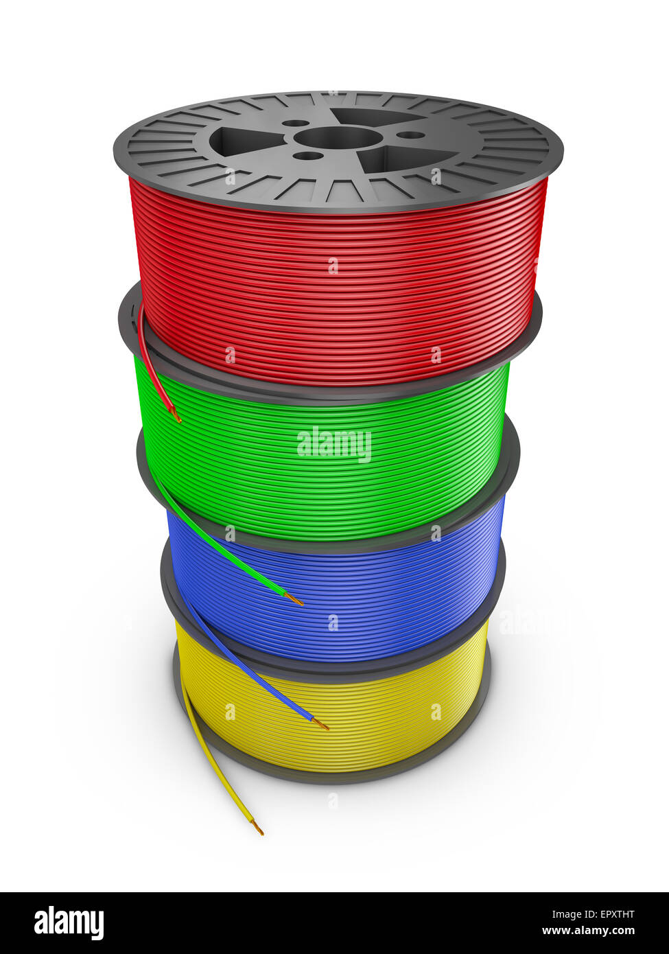 four plastic reel with colored wires, 3d render Stock Photo