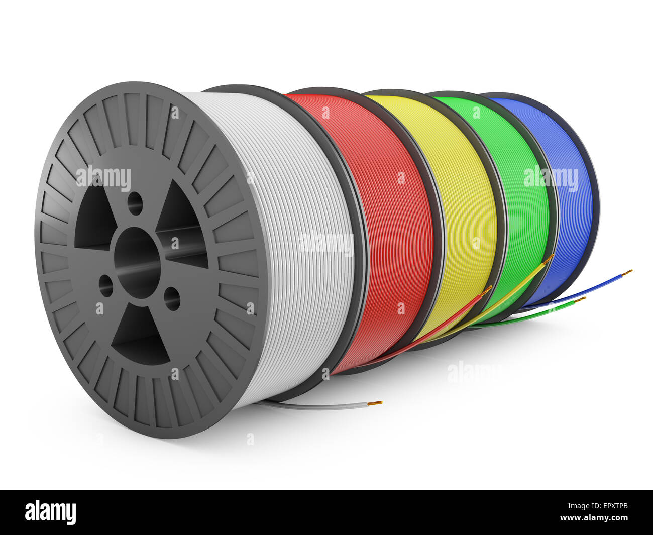 Five plastic reel with colored wires, 3d render Stock Photo