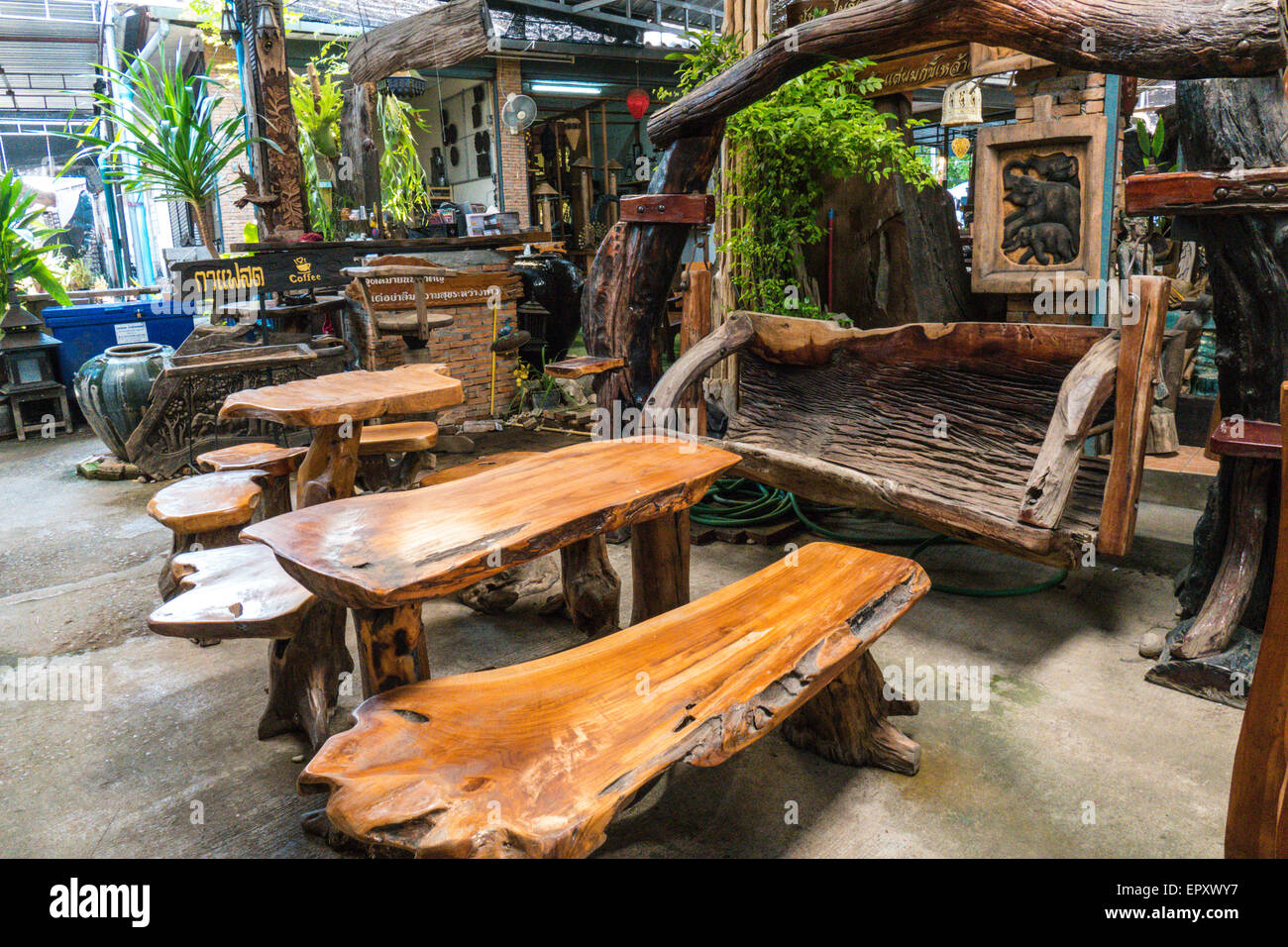 Shop with rustic wooden furniture in Chiang Mai, Thailand, Asia Stock