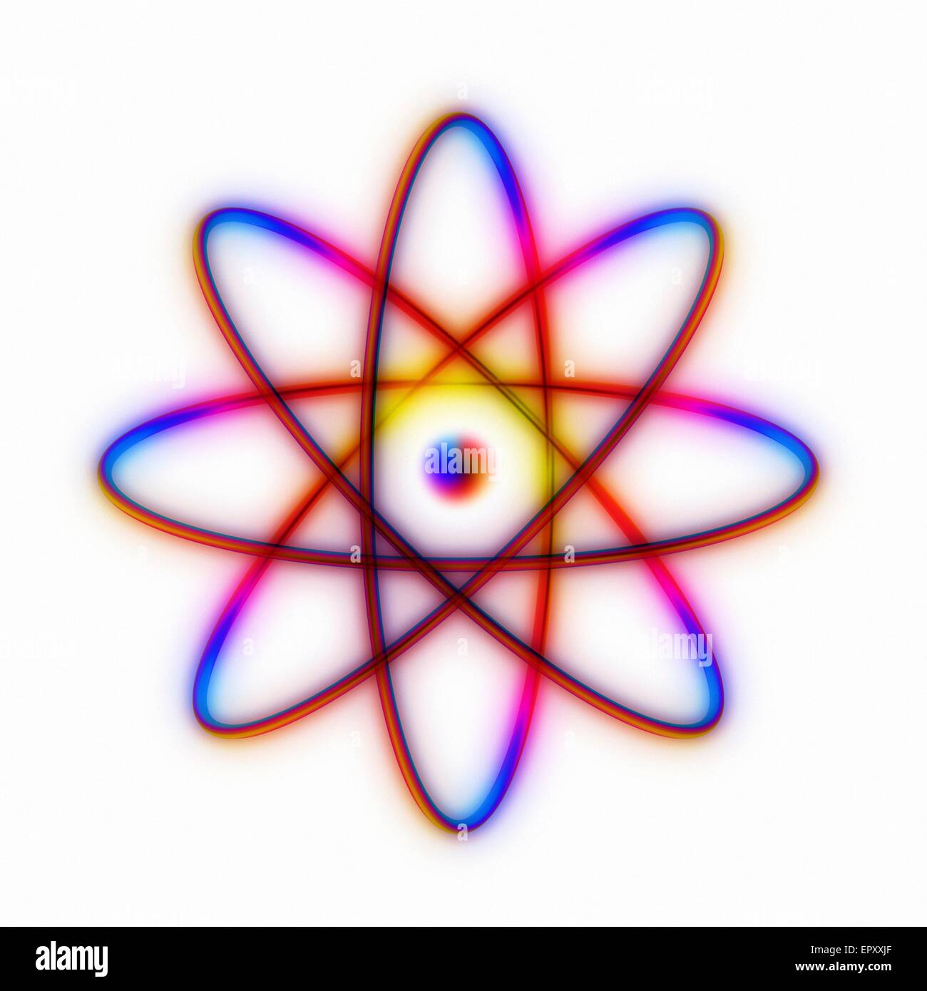 Atomic structure. Conceptual computer artwork representing the structure of an atom. Eight electrons are orbiting the central nucleus along definite paths. This is a schematic 'Bohr model' of an atom; electrons are thought to inhabit areas of probability Stock Photo