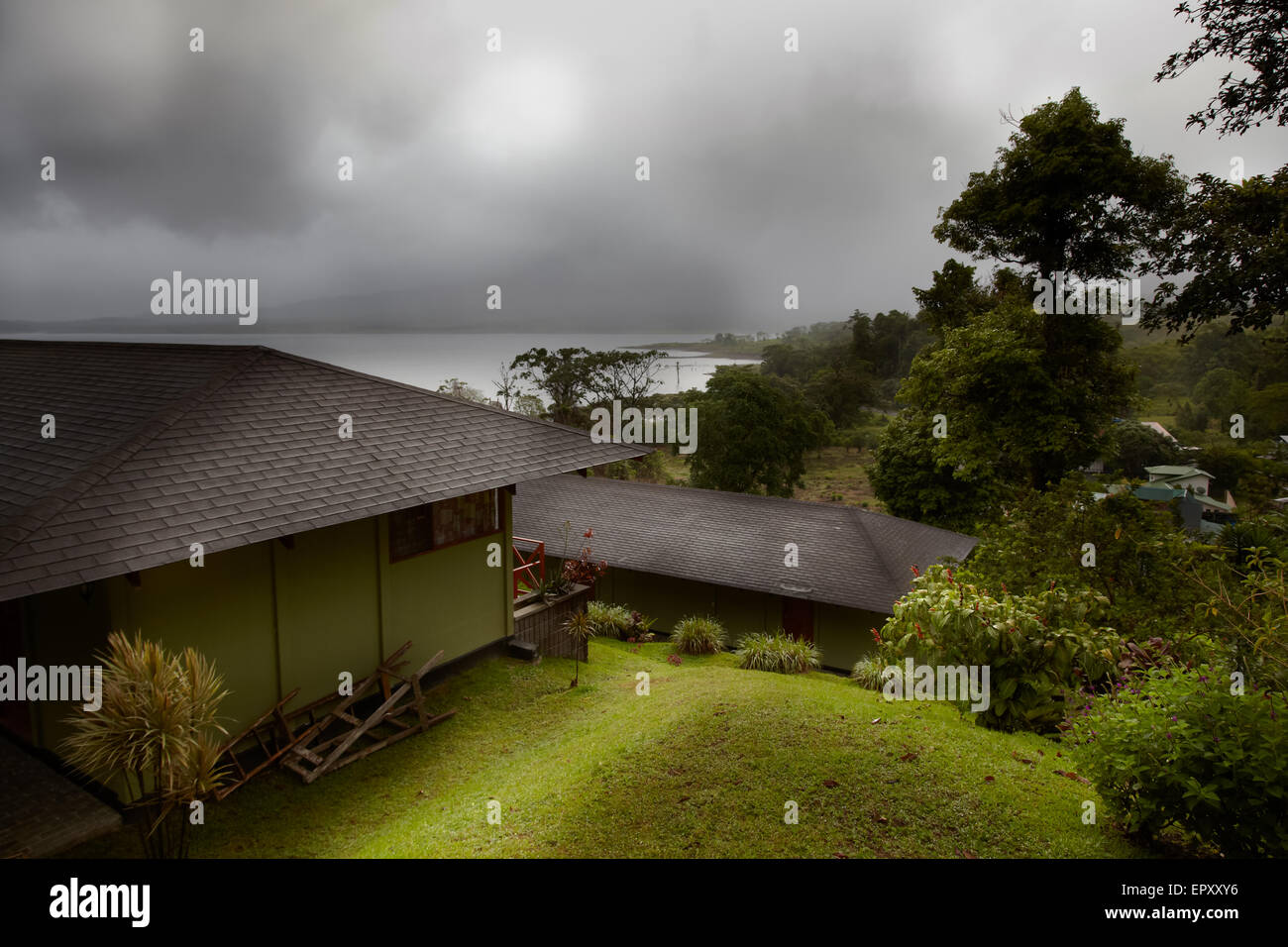 House with a lake in the background, Costa Rica Stock Photo