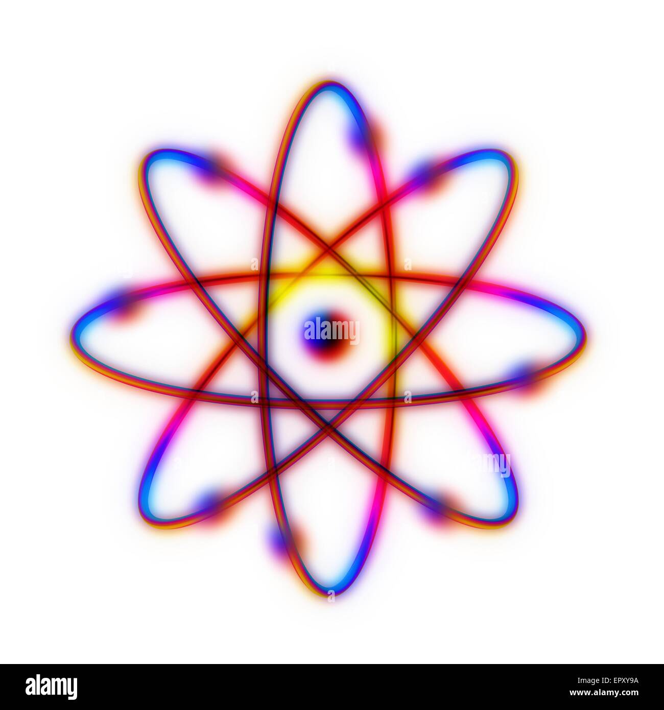 Atomic structure. Conceptual computer artwork representing the structure of an atom. Eight electrons are seen orbiting the central nucleus along definite paths. This is a schematic 'Bohr model' of an atom; electrons are thought to inhabit areas of probabi Stock Photo