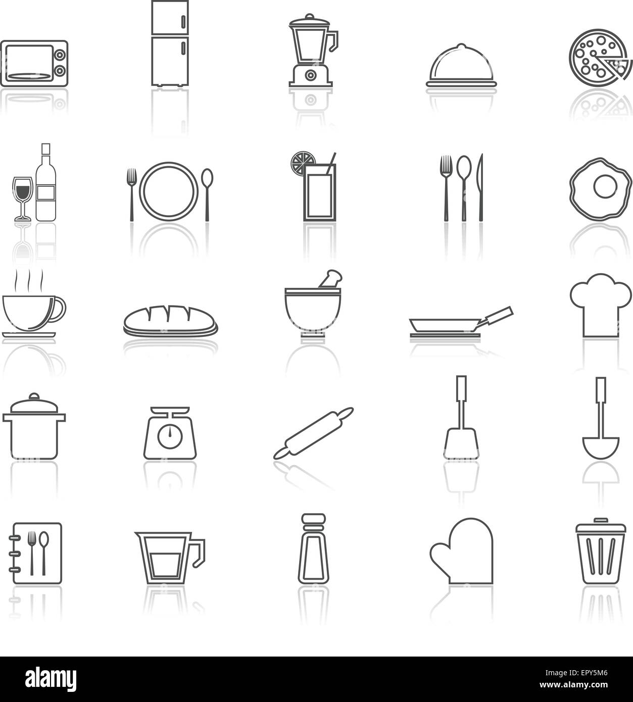 Kitchen line icons with reflect on white, stock vector Stock Vector ...