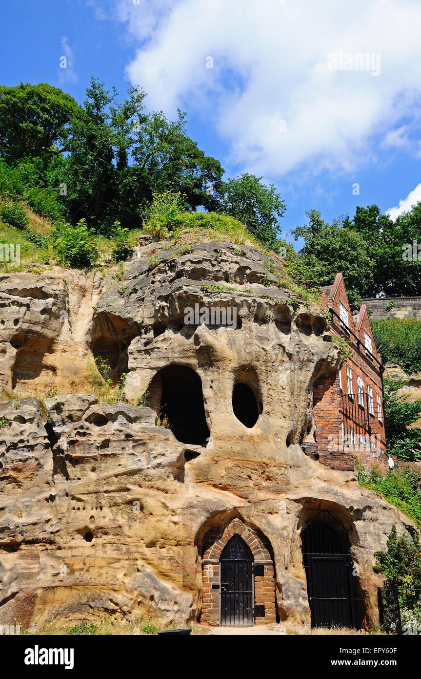 Castle mound caves in castle rock, Nottingham, Nottinghamshire, England, UK, Western Europe. Stock Photo