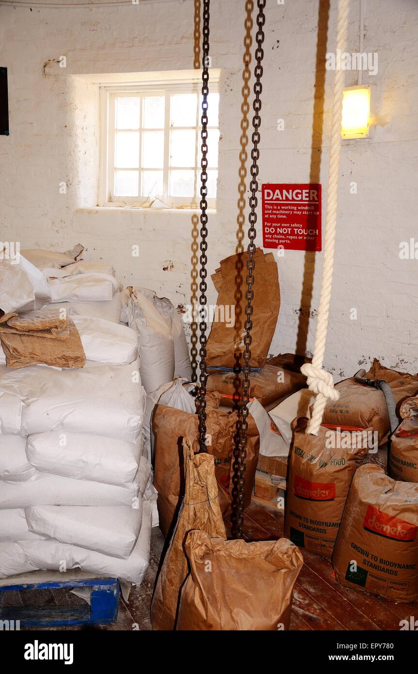 Sack hoist chain and sacks of flour inside Greens windmill, Nottingham