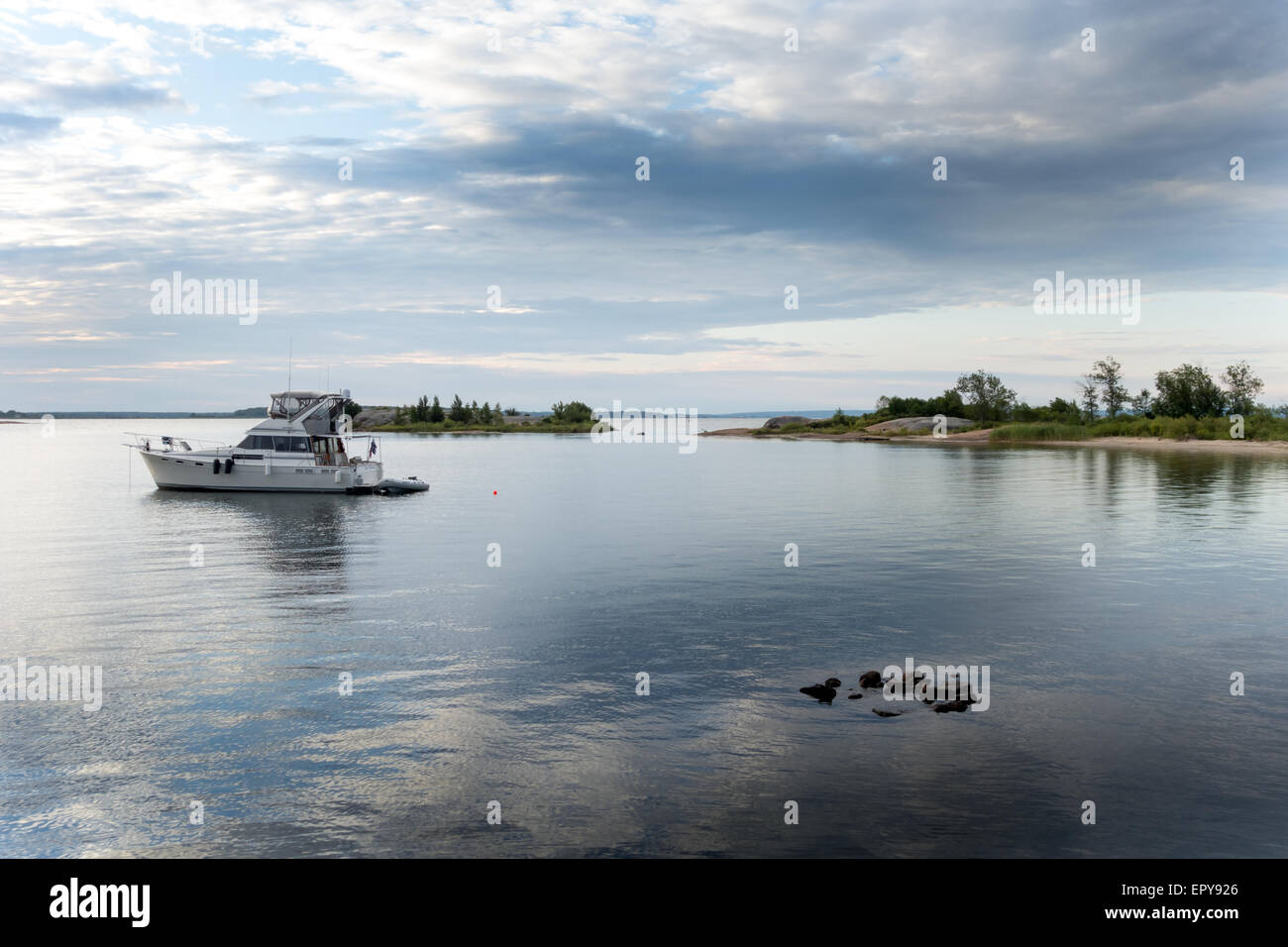 Boat in the sea, Bay, Tobermory, Ontario, Canada Stock Photo