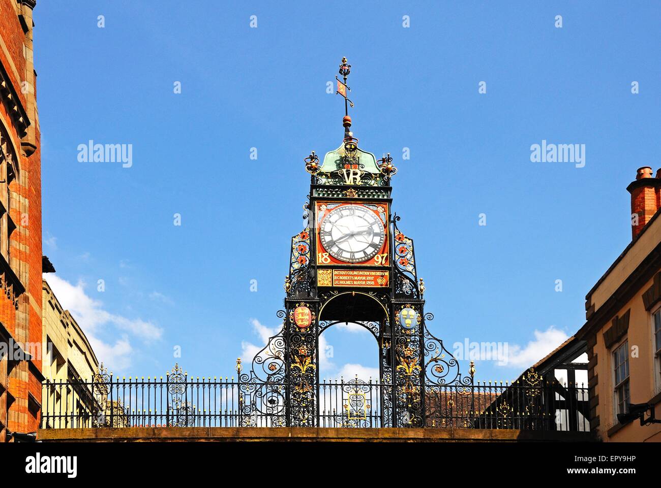 Eastgate Clock which was erected in 1899 to celebrate the diamond jubilee of Queen Victoria, Chester, Cheshire, England, UK. Stock Photo
