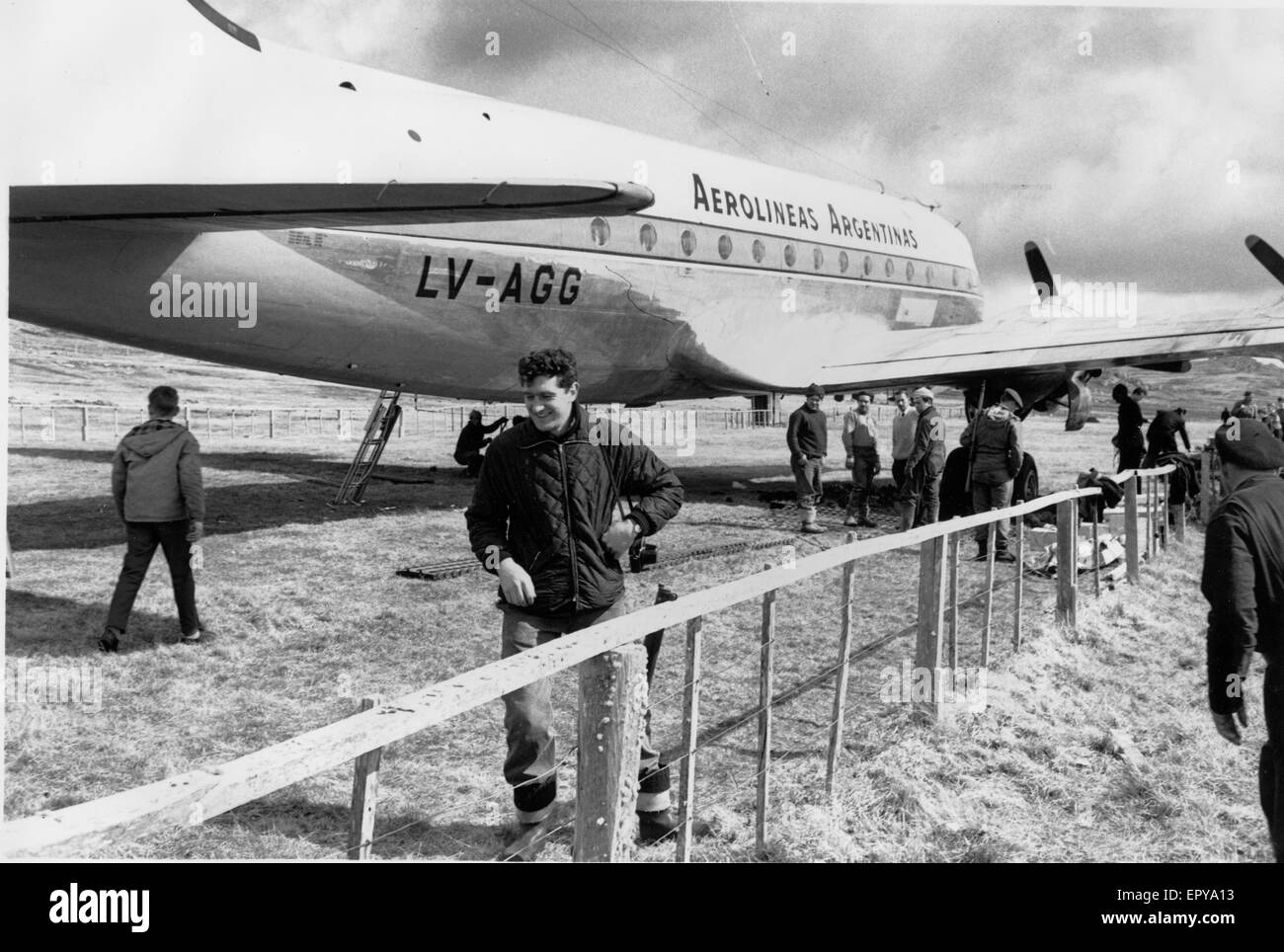The aircraft used during a failed Argentine mini 'invasion' in 1966,the Falkland Islands, a British Overseas Territory in the South Atlantic Ocean. Stock Photo