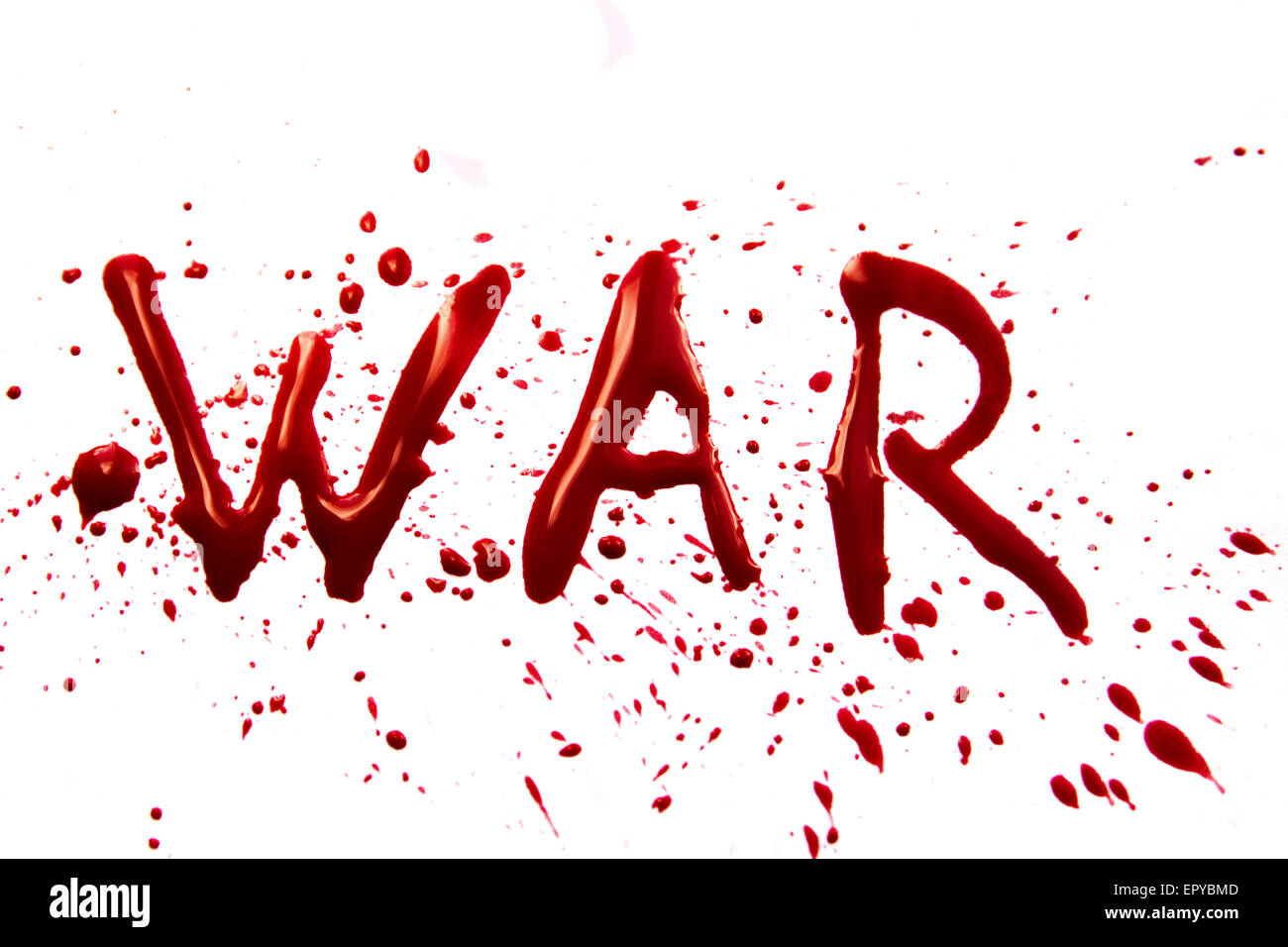 Bloody word War with splatters, droplets, stains isolated on white background Stock Photo